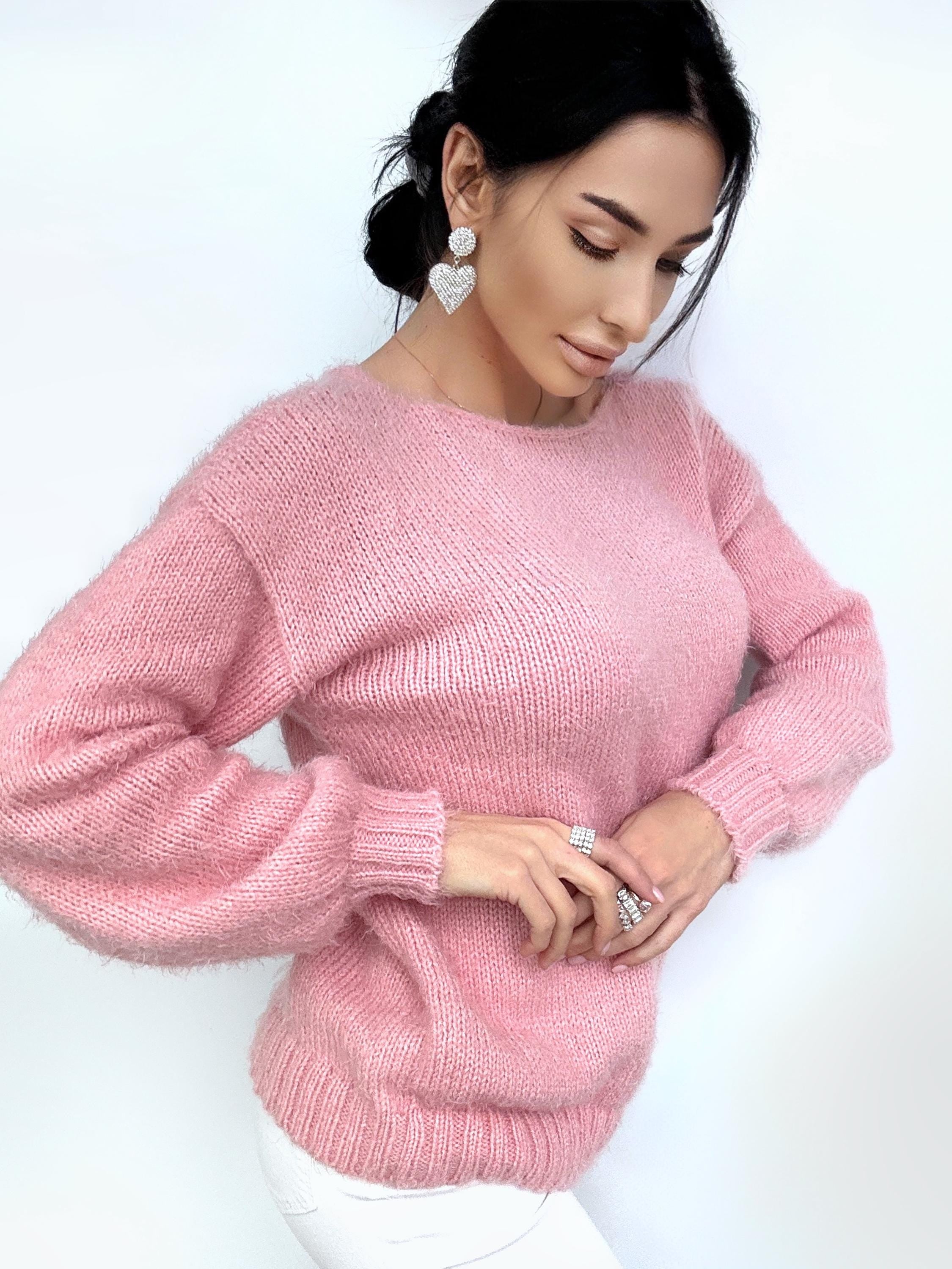 Hand knit Pink Powder wool FREE soft fluffy body friendly sweater Open back Deep V-neckline Analogue of angora pullover Loose fit oversize