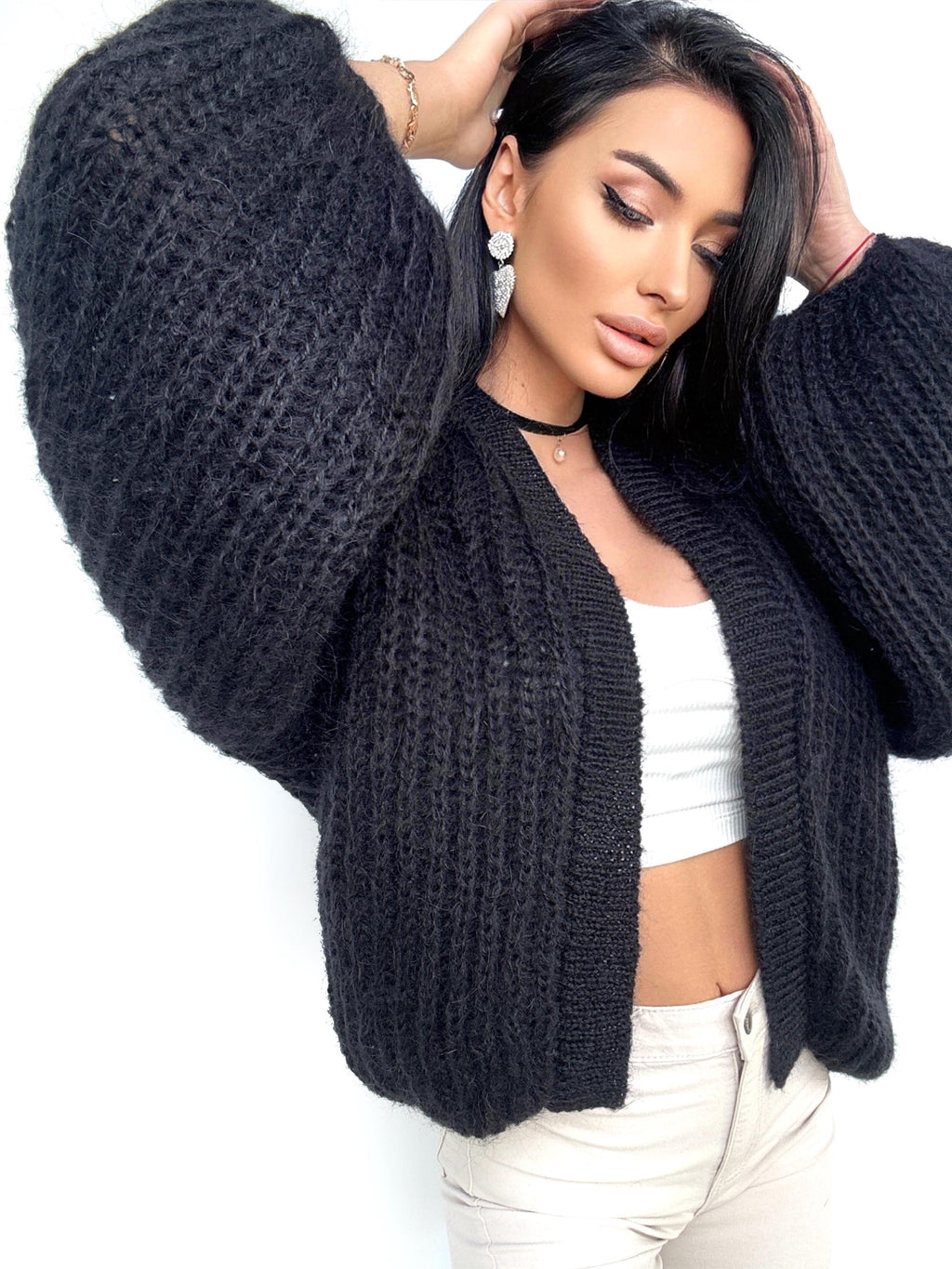 Knit short beige mohair cardigan Mohair Black bolero Cardigan Wool fluffy cape Bridal jackets hawl Knitted jacket Chunky knit cardigan