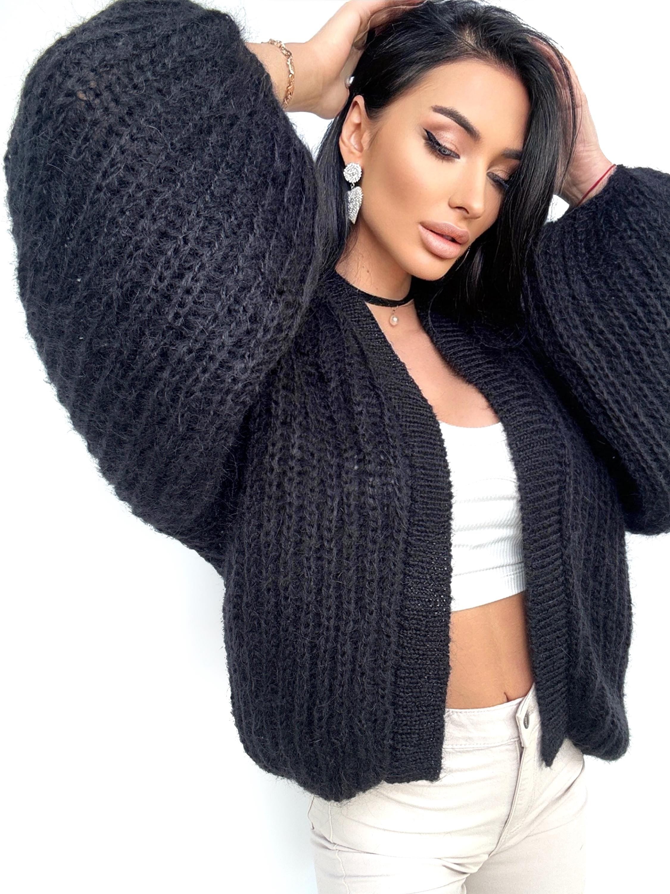 Knit short beige mohair cardigan Mohair Black bolero Cardigan Wool fluffy cape Bridal jackets hawl Knitted jacket Chunky knit cardigan