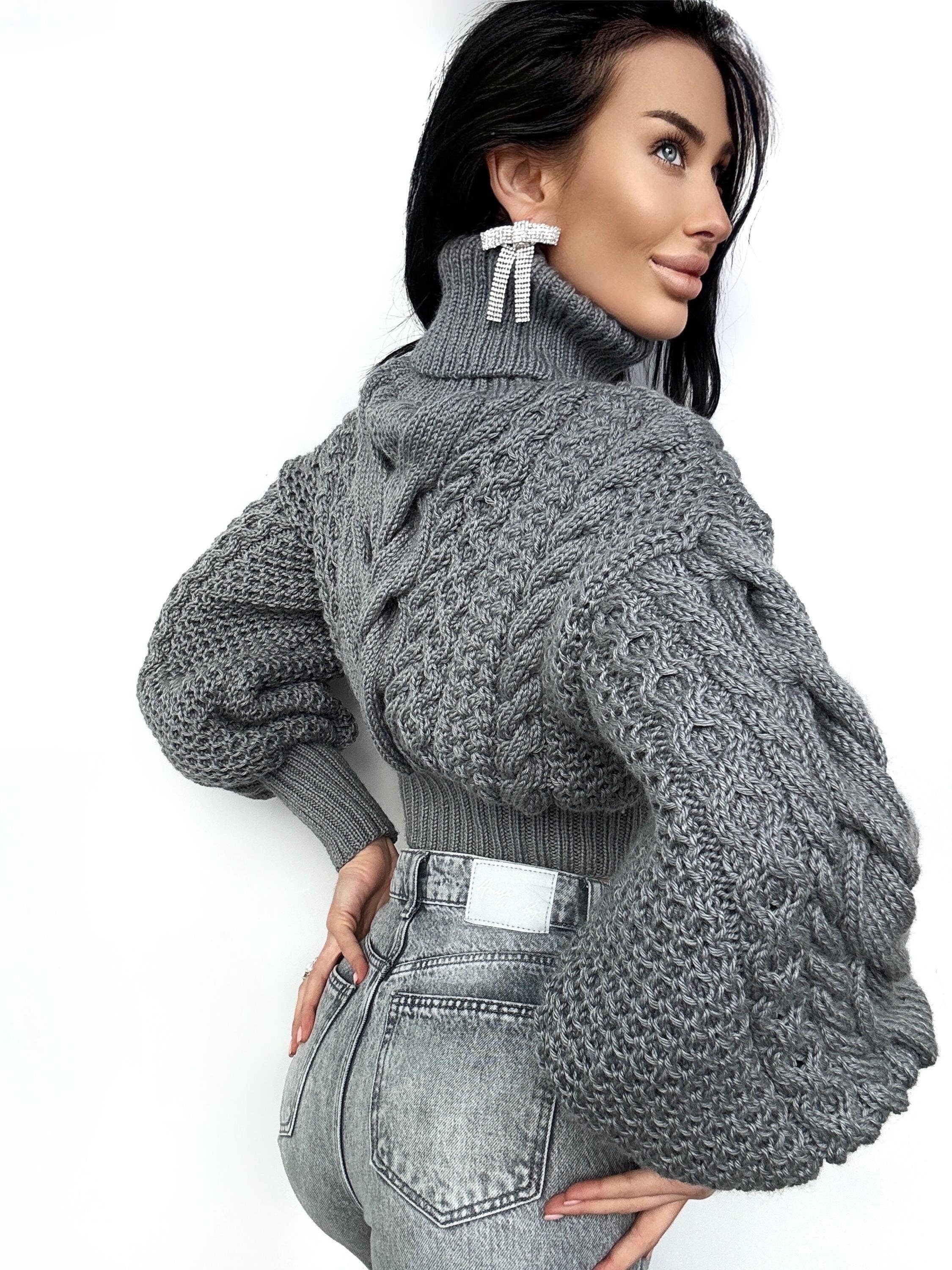 Crop hand knitted dark grey wool sweater high collar Chunky Knit Turtleneck Oversized Pullover Womens Cable knit cozy wool winter sweater