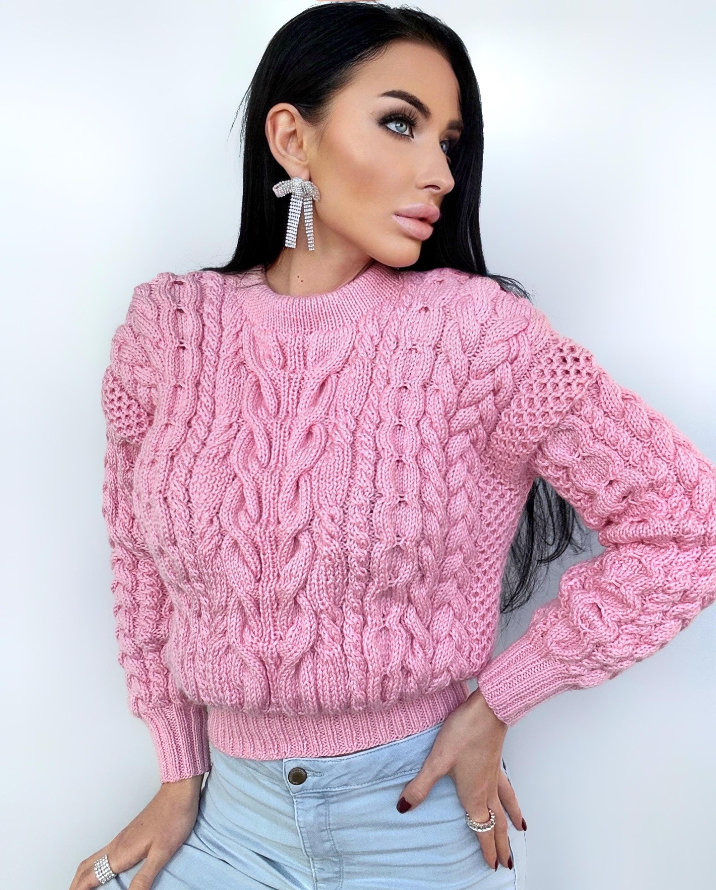Pink crop soft merino mixture knitted Sweater Women Hand Knitted Jumper Cable Knit Loose Knit Oversized High Waist Knitted Sweater