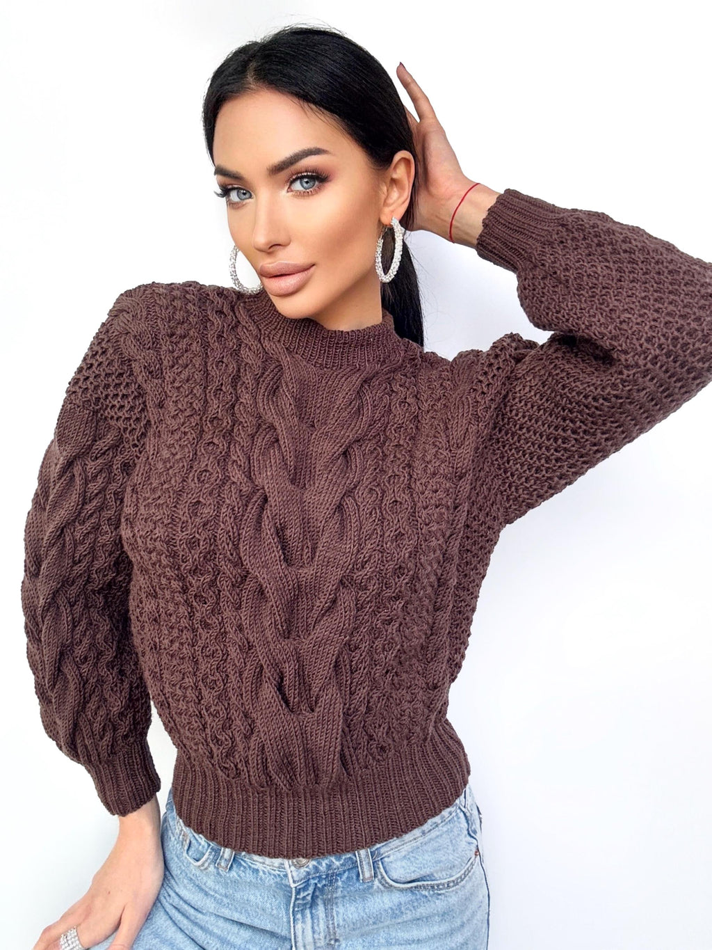 100% soft merino wool brown chocolate hand chunky knit sweater for women Hand knitted jumper Cable knitting Loose knit pullover