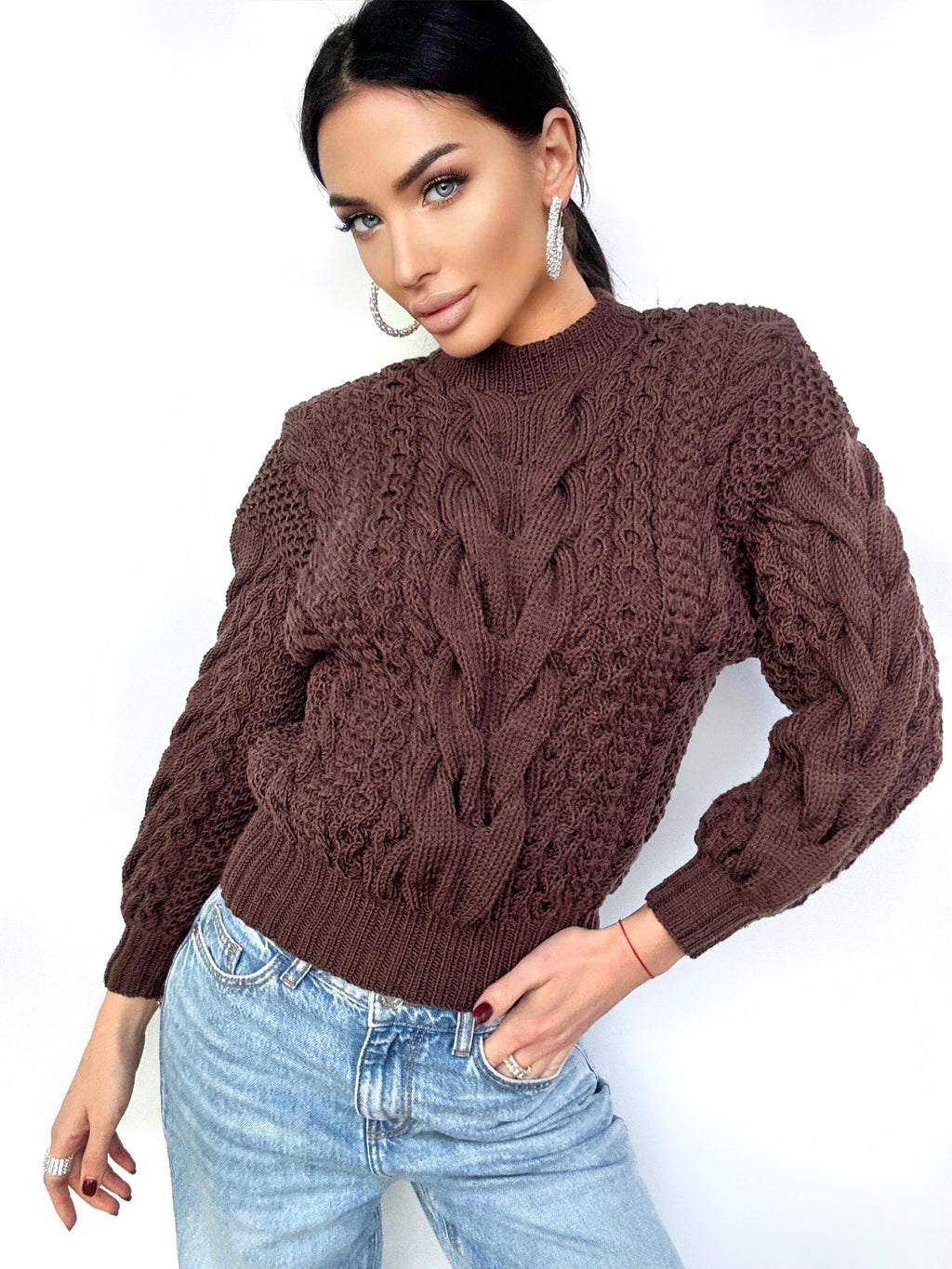 100% soft merino wool brown chocolate hand chunky knit sweater for women Hand knitted jumper Cable knitting Loose knit pullover