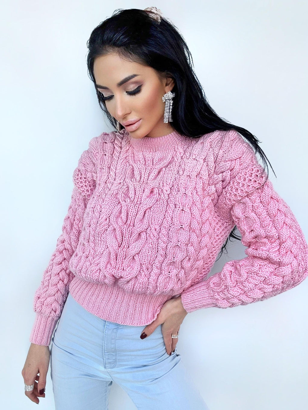 Pink crop soft merino mixture knitted Sweater Women Hand Knitted Jumper Cable Knit Loose Knit Oversized High Waist Knitted Sweater