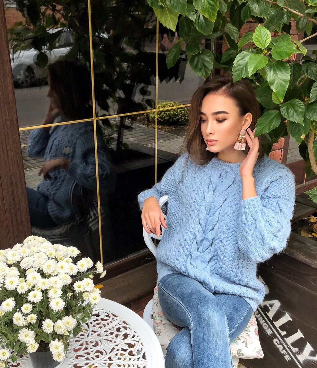 Chunky knit blue Alpaca wool sweater womens Warm merino wool fall pullover Cable knit sweater Loose hand knit holiday sweater