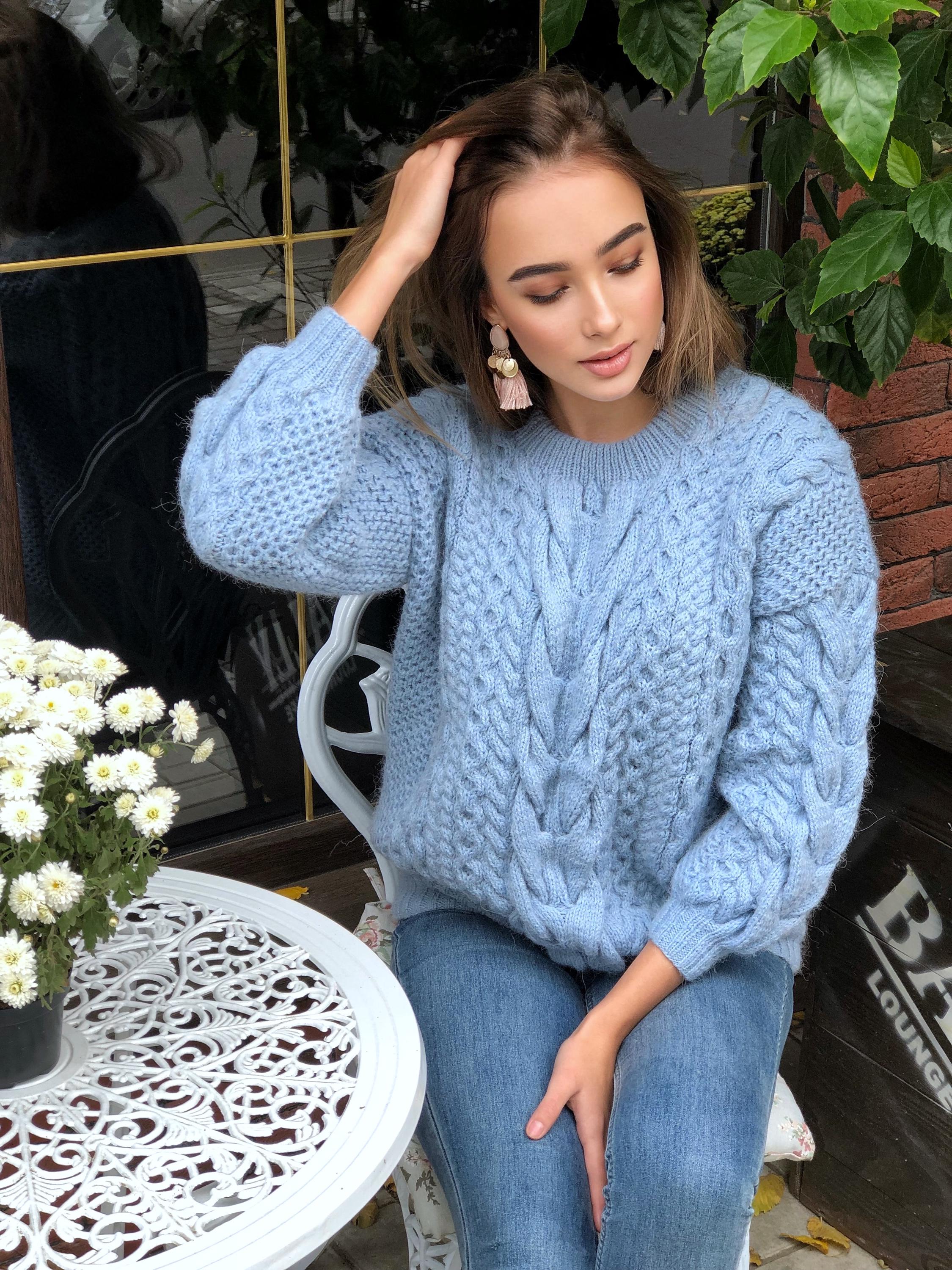 Chunky knit blue Alpaca wool sweater womens Warm merino wool fall pullover Cable knit sweater Loose hand knit holiday sweater