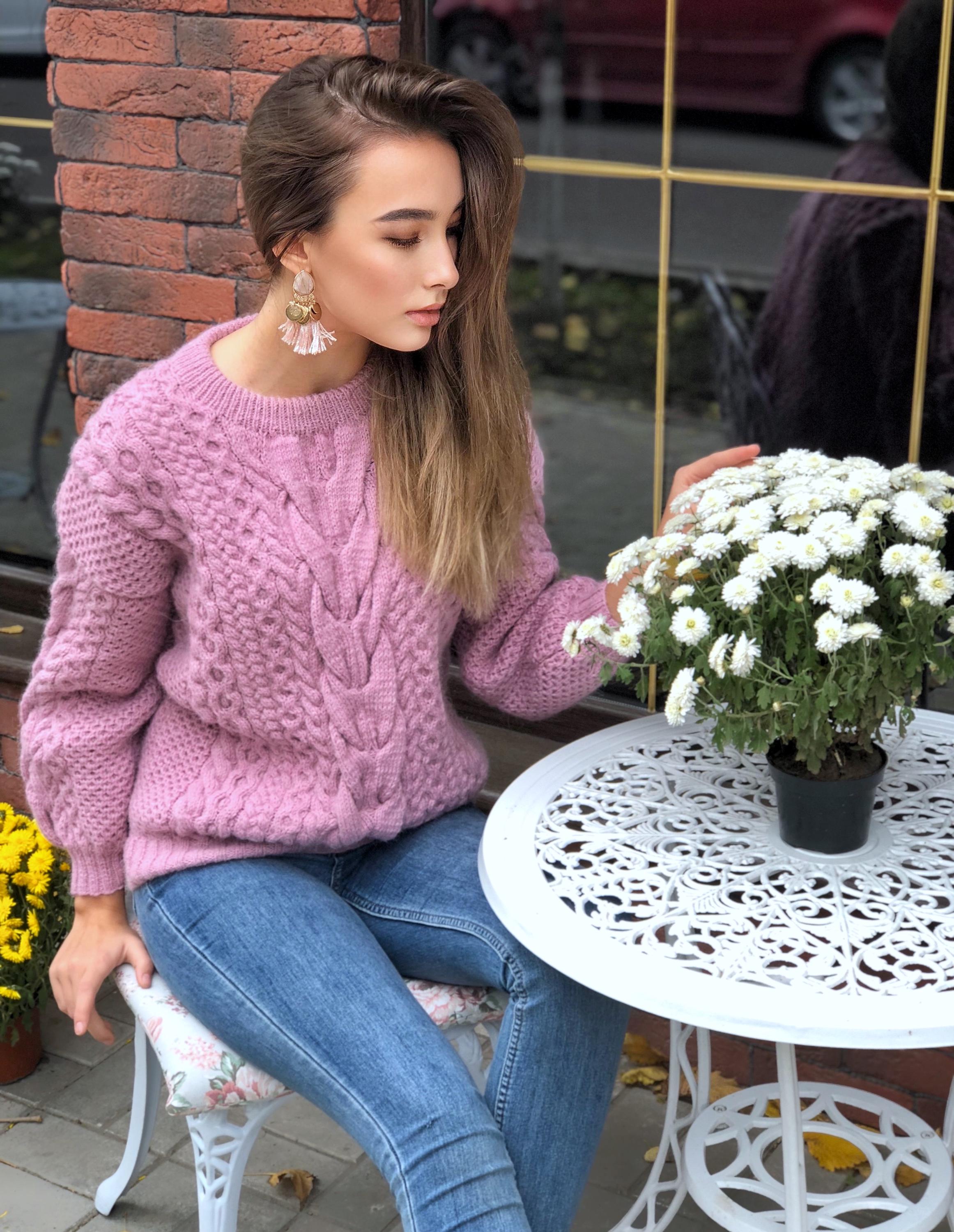 Chunky hand knit light blue / pink alpaca wool sweater womens Warm merino wool fall pullover Cable knit sweater Loose knitted wool sweater