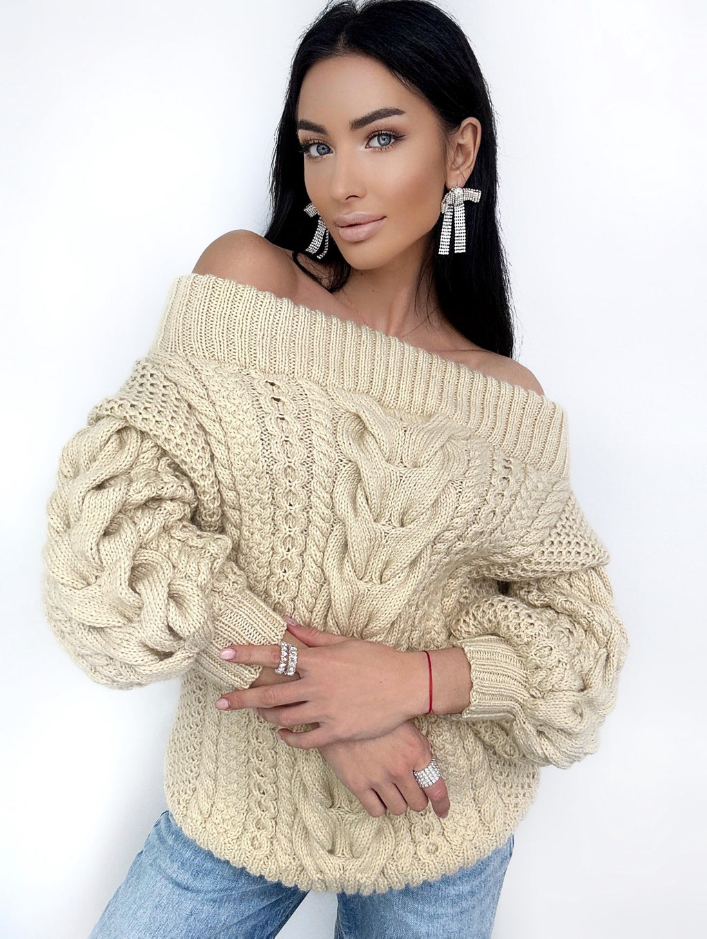 Light beige Caramel pastel hand knit wool sweater woman Cable hand knit sweater Loose pullover Oversized chunky knit bulky off shoulder