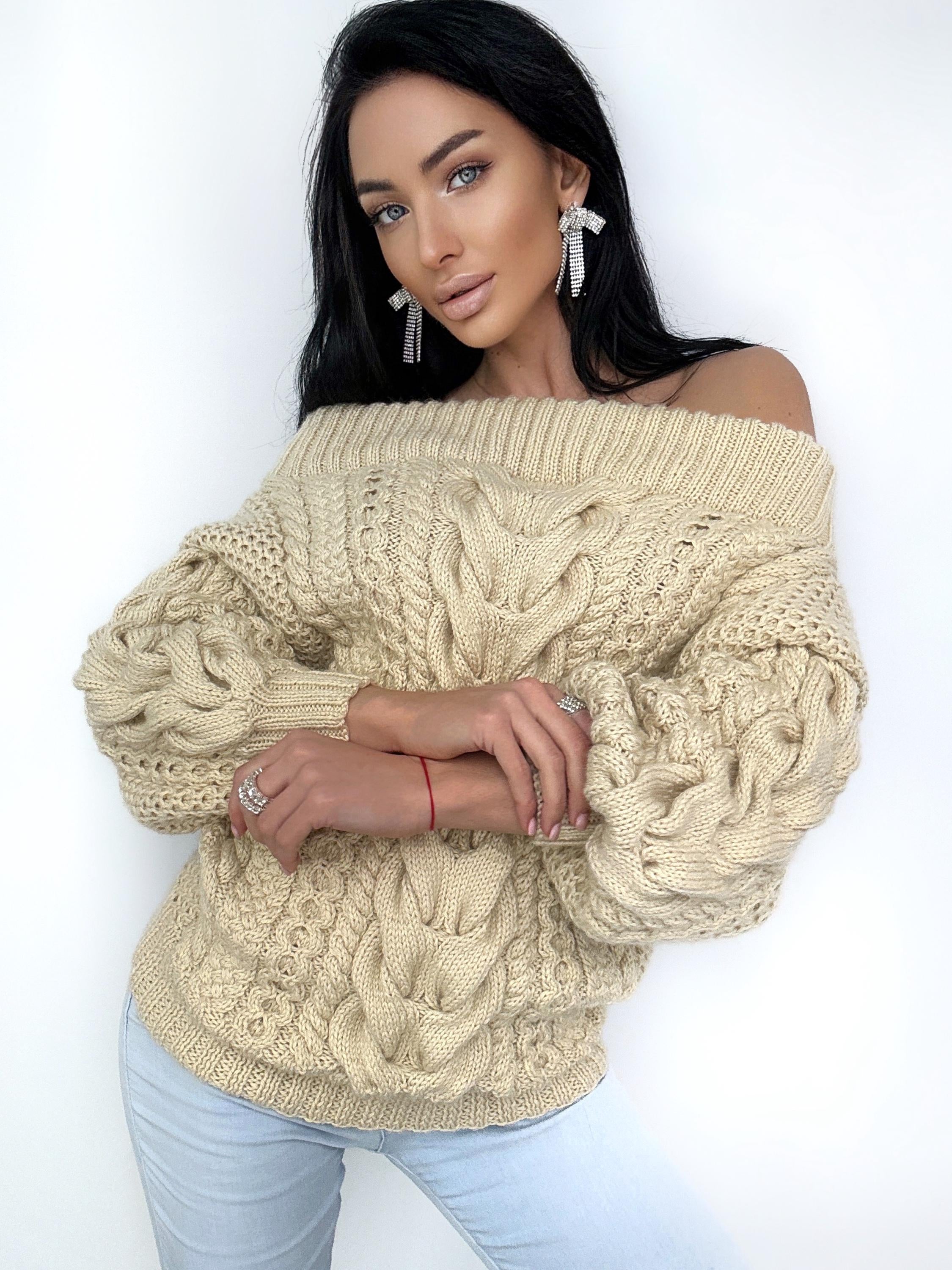 Light beige Caramel pastel hand knit wool sweater woman Cable hand knit sweater Loose pullover Oversized chunky knit bulky off shoulder