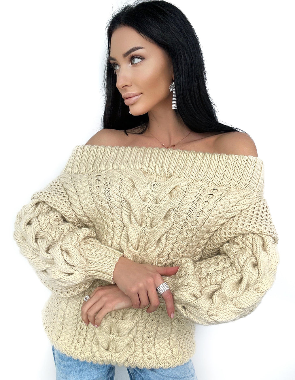 Light beige Caramel pastel hand knit wool sweater woman Cable hand knit sweater Loose pullover Oversized chunky knit bulky off shoulder