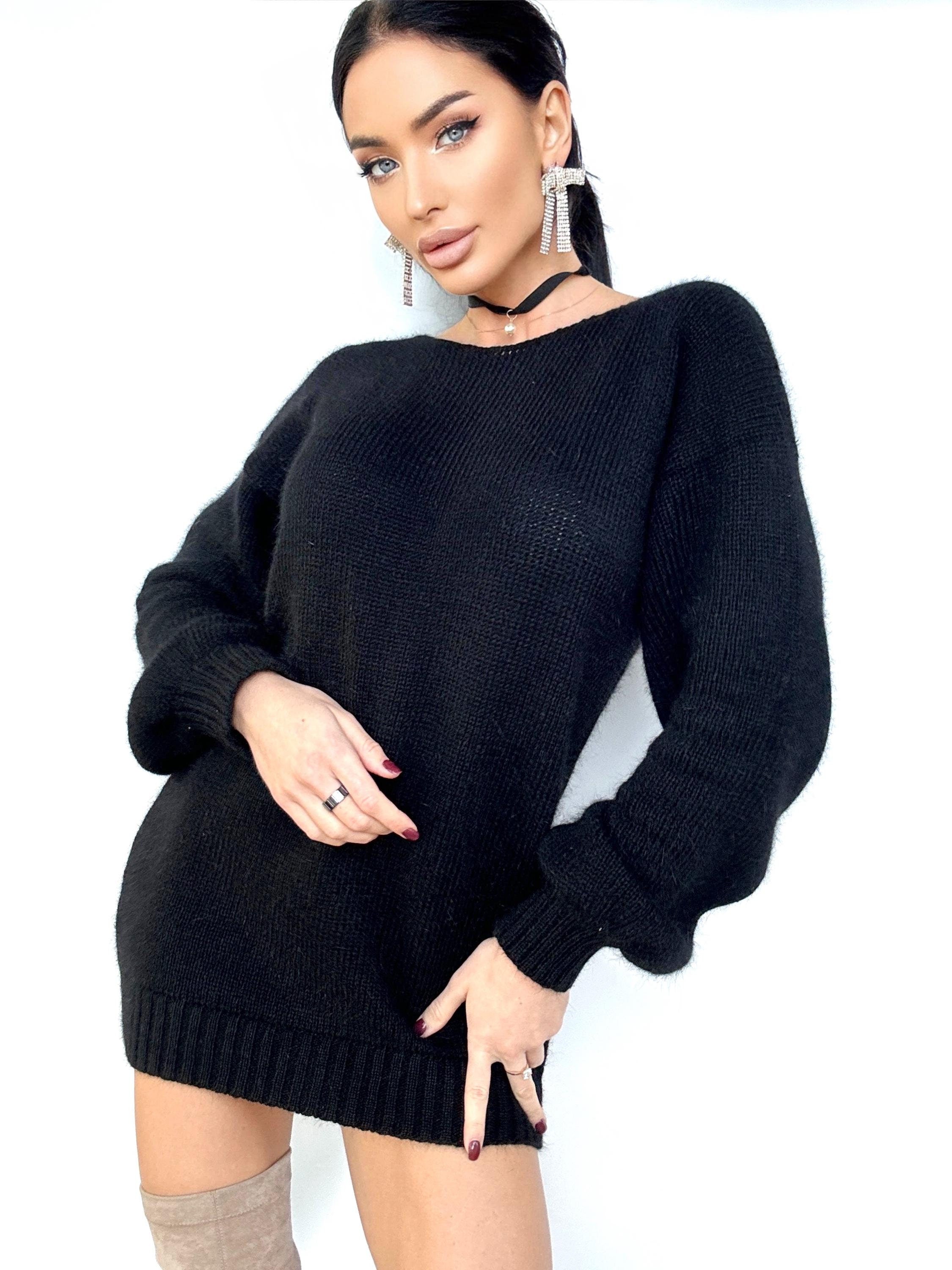 Black angora knit sweater dress Knit fluffy angora pullover Round collar Loose fit oversized Long sleeve Cozy sweater dress gift her