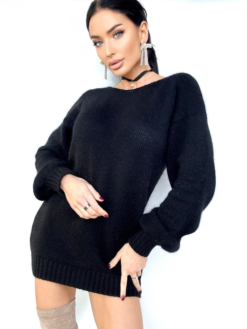 Black angora knit sweater dress Knit fluffy angora pullover Round collar Loose fit oversized Long sleeve Cozy sweater dress gift her