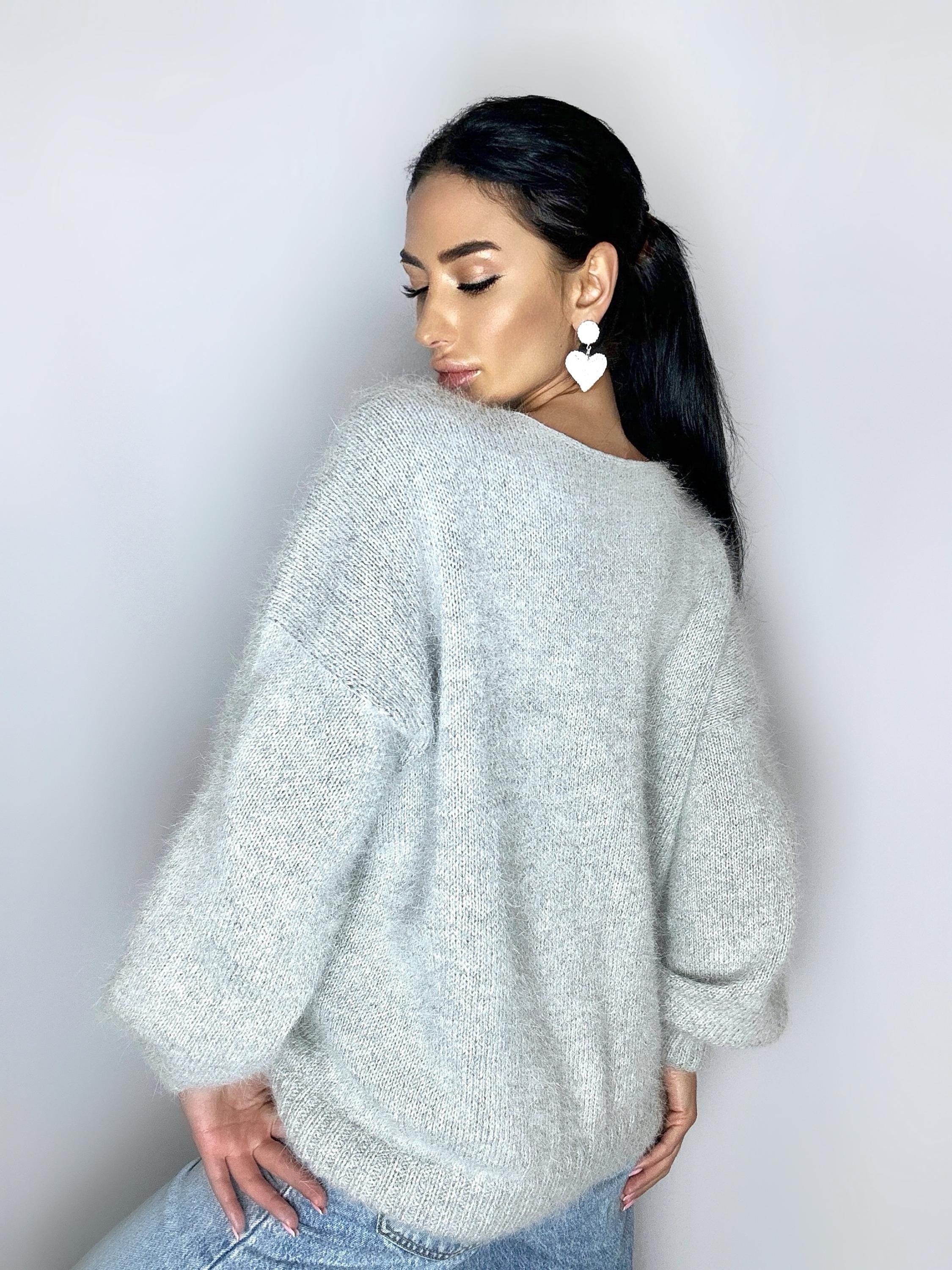 White Gray melange angora wool knit sweater dress Knit fluffy angora pullover Round collar Loose fit oversized Long sleeve Cozy sweater