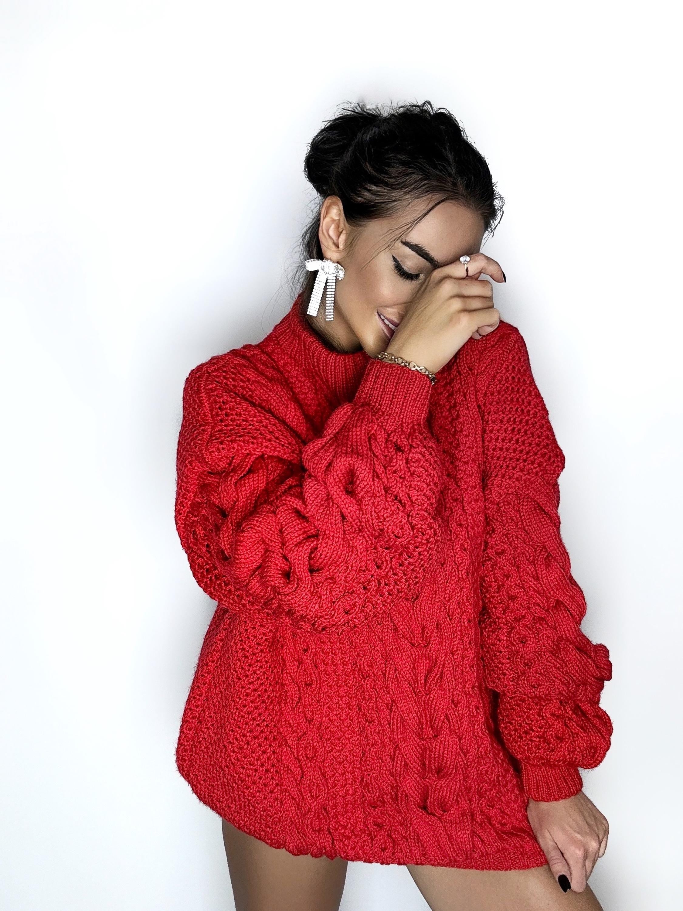Aran long oversize red big hand knit merino wool long scandinavian sweater Red cable knit pullover women Oversized chunky knit sweater dress