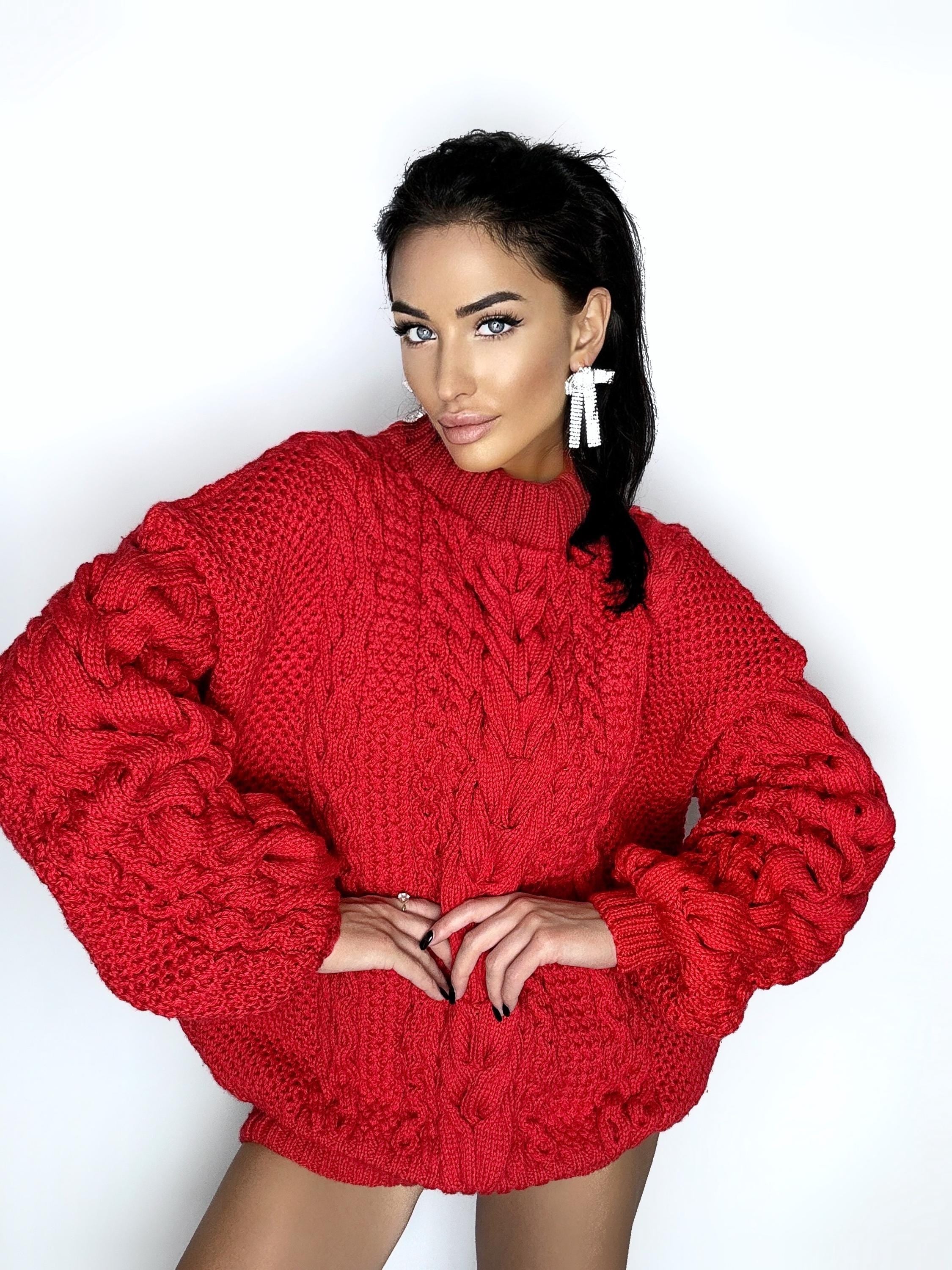 Aran long oversize red big hand knit merino wool long scandinavian sweater Red cable knit pullover women Oversized chunky knit sweater dress