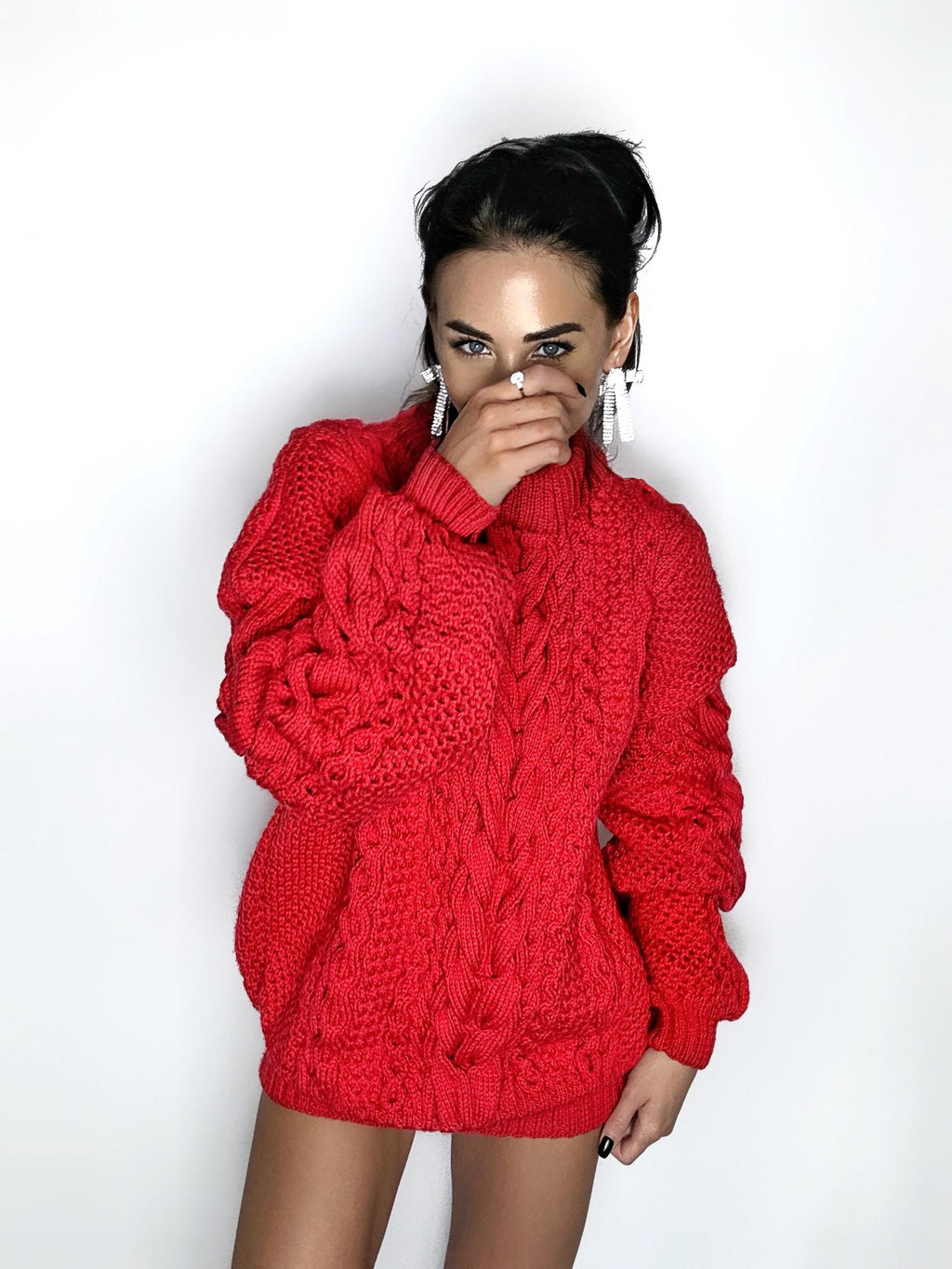 Aran long oversize red big hand knit merino wool long scandinavian sweater Red cable knit pullover women Oversized chunky knit sweater dress