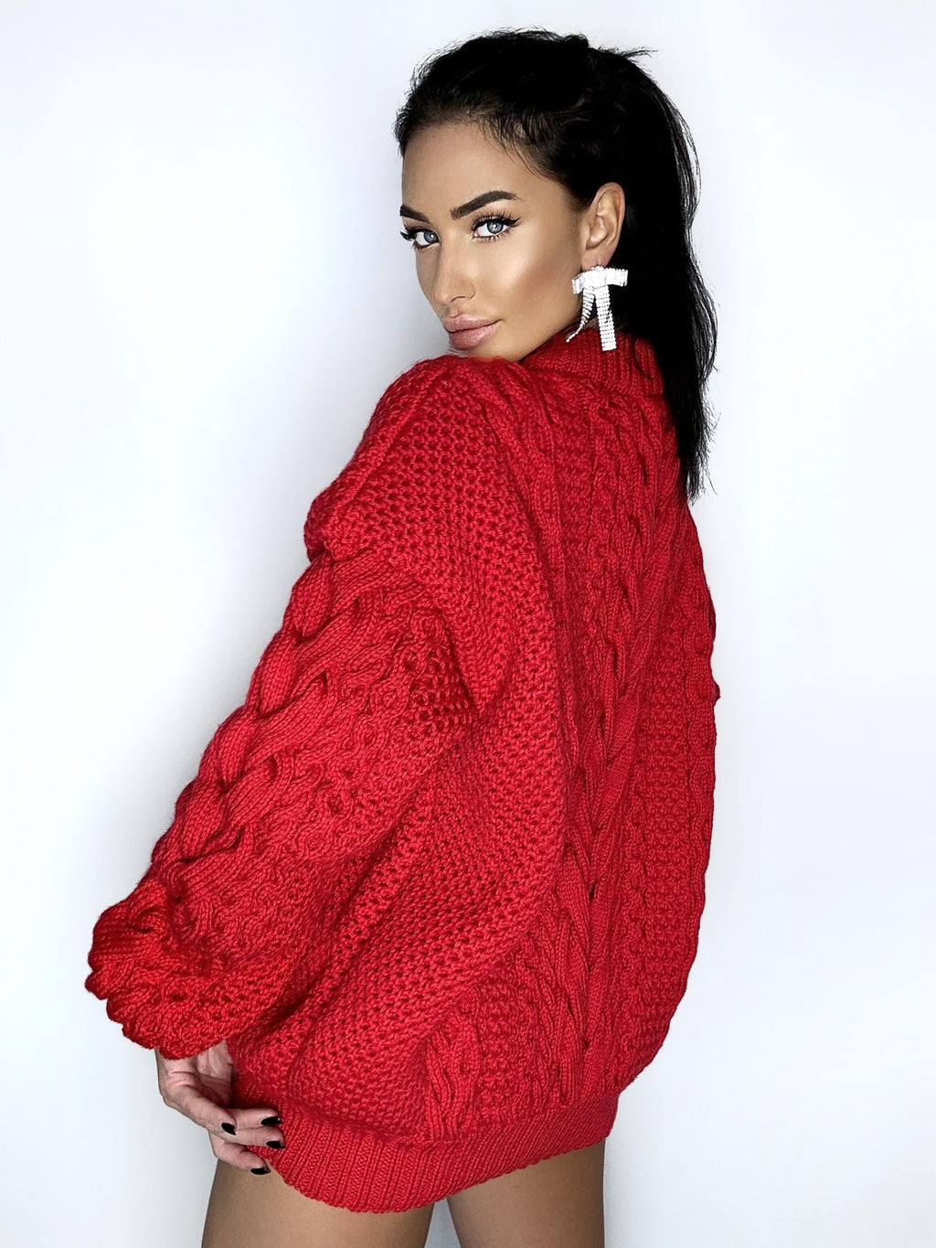 Aran long oversize sweater Big hand knit merino wool mixture sweater Red knitted cable knit pullover for women Oversized chunky knit sweater