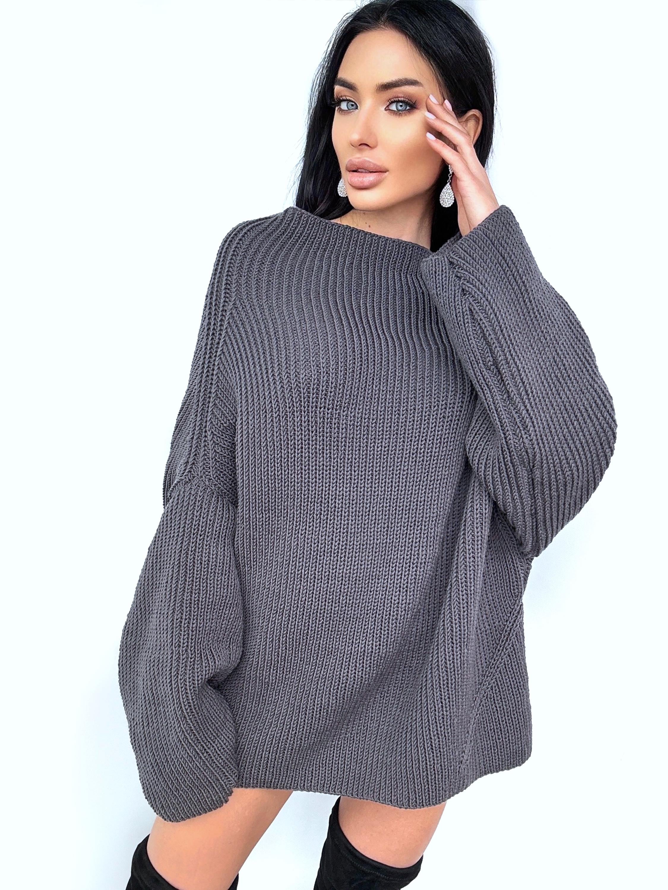 Chunky knit ribbed graphite grey merino wool sweater dress womens Large wool big Khaki Jumper Fall sweater long sleeves boat neck