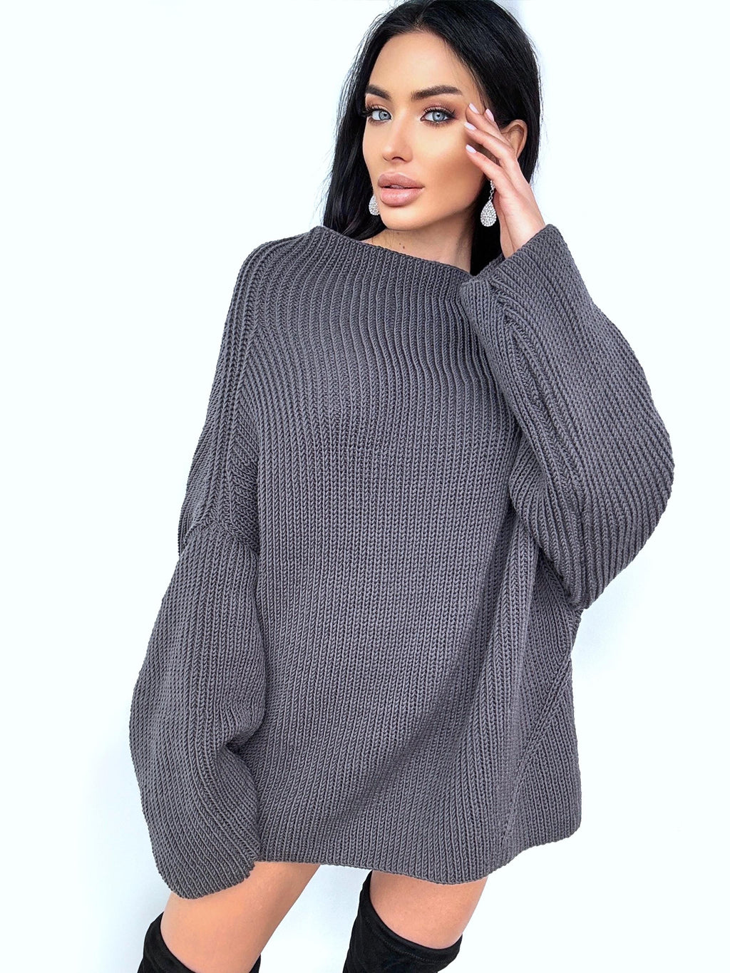 Chunky knit ribbed graphite grey merino wool sweater dress womens Large wool big Khaki Jumper Fall sweater long sleeves boat neck