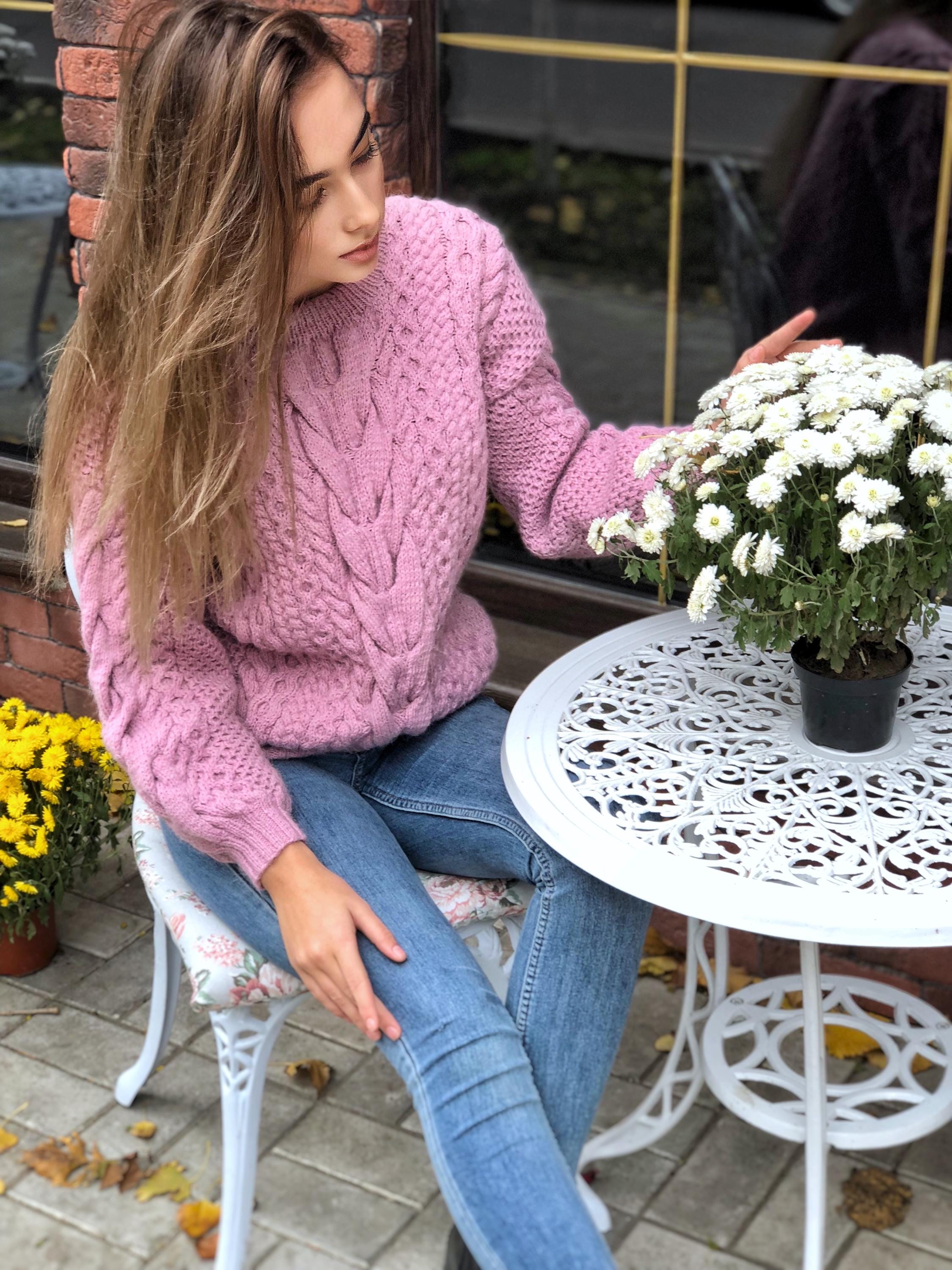 Chunky knit pink Alpaca wool sweater womens Warm merino wool fall pullover Cable knit sweater Loose hand knit holiday sweater