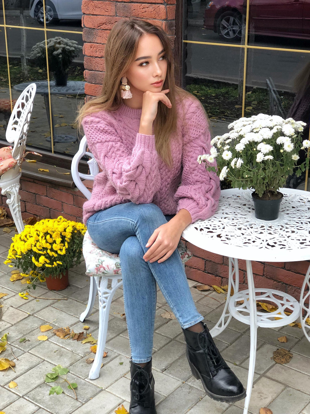 Chunky knit pink Alpaca wool sweater womens Warm merino wool fall pullover Cable knit sweater Loose hand knit holiday sweater
