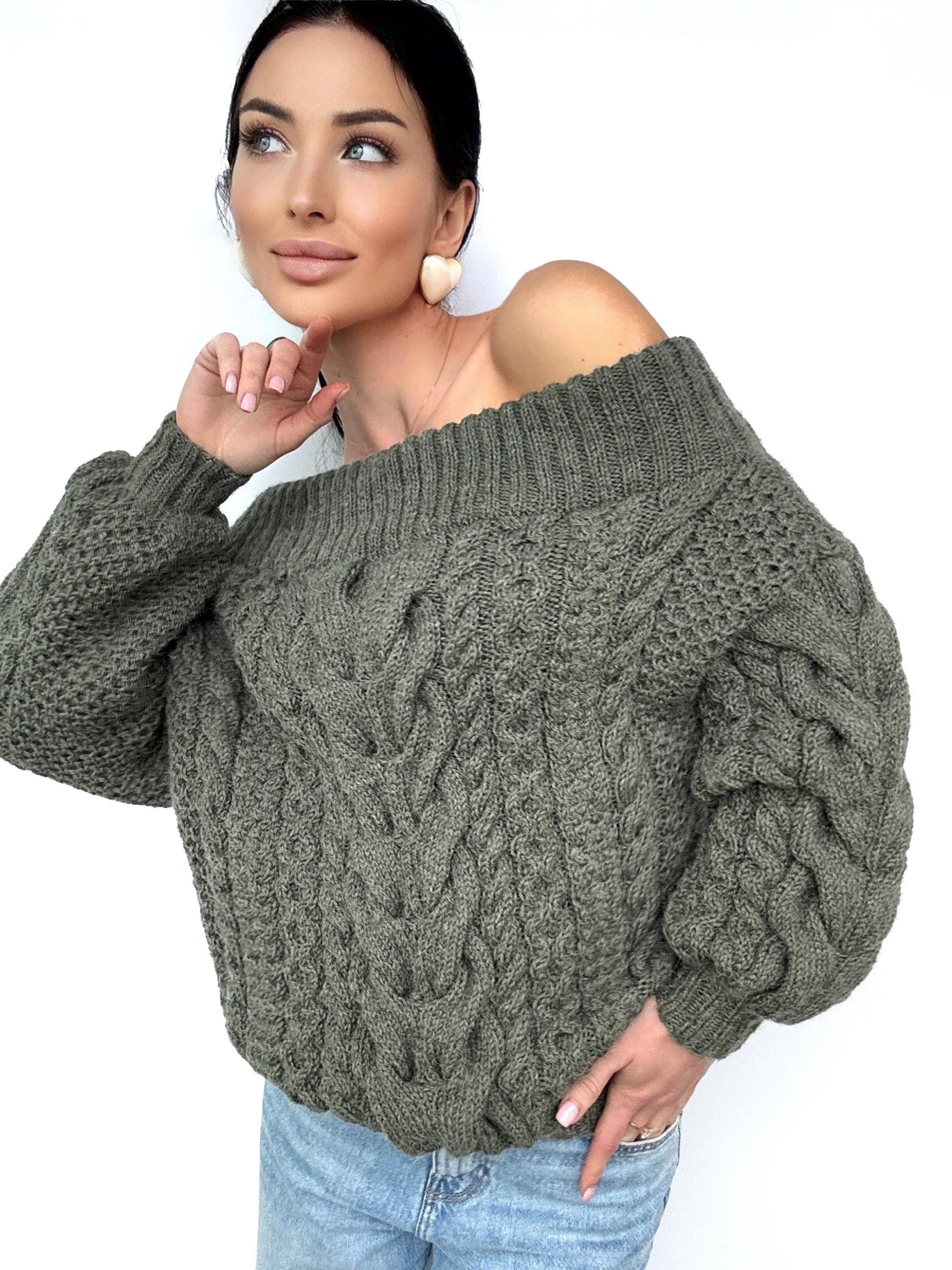 Khaki Green-Gray pastel hand knit alpaca wool sweater woman Cable hand knit sweater Loose pullover Oversized chunky knit bulky off shoulder