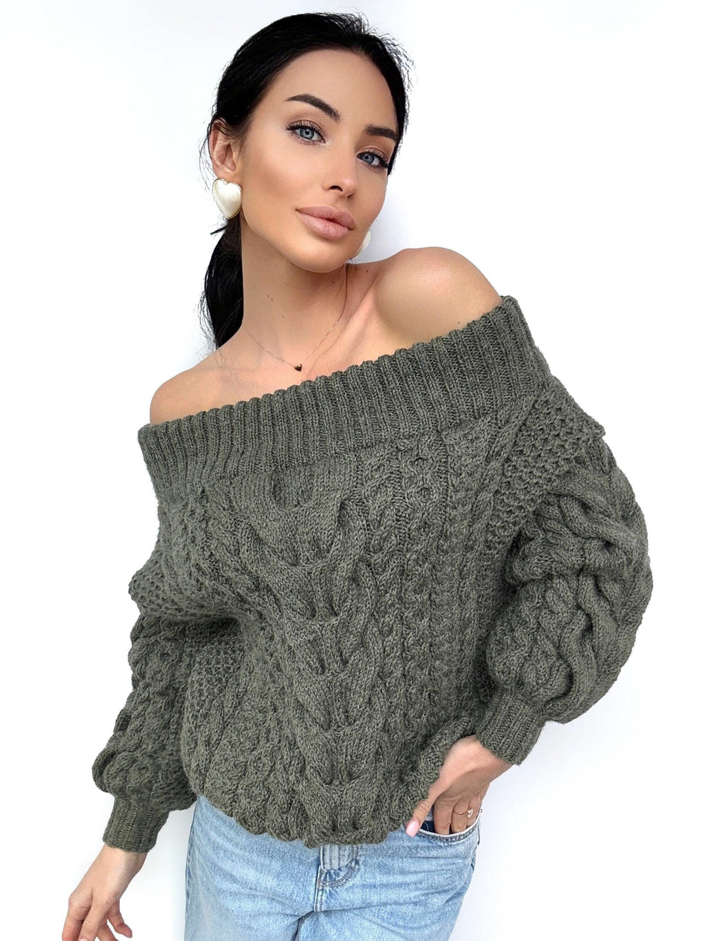 Khaki Green-Gray pastel hand knit alpaca wool sweater woman Cable hand knit sweater Loose pullover Oversized chunky knit bulky off shoulder