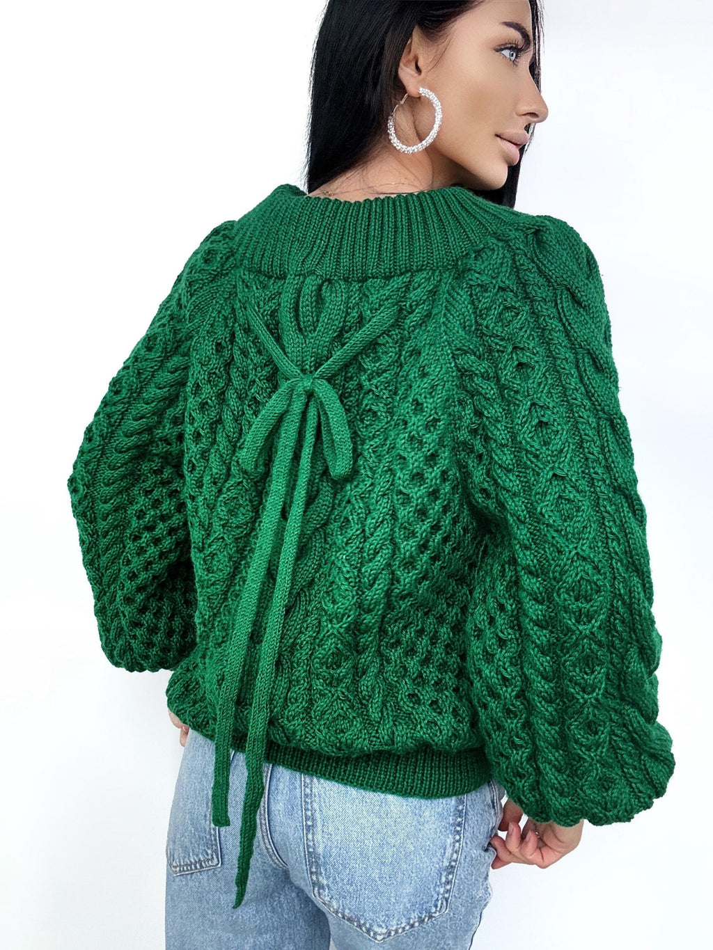 Hand knit dark green merino wool sweater Loose Oversize Knitted Sweater Emerald one shoulder cable knit blouse Chunky knit pullover