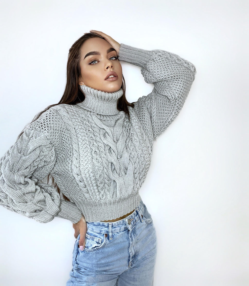 Crop hand knitted grey merino wool sweater Chunky Knit Turtleneck Oversized Pullover Women's Cable knit Jumper cozy wool winter sweater