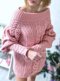 Aran long sweater dress with open shoulders Pink knitted one shoulder dress Cable knit sweater/wide sleeves/off shoulder sweater for women