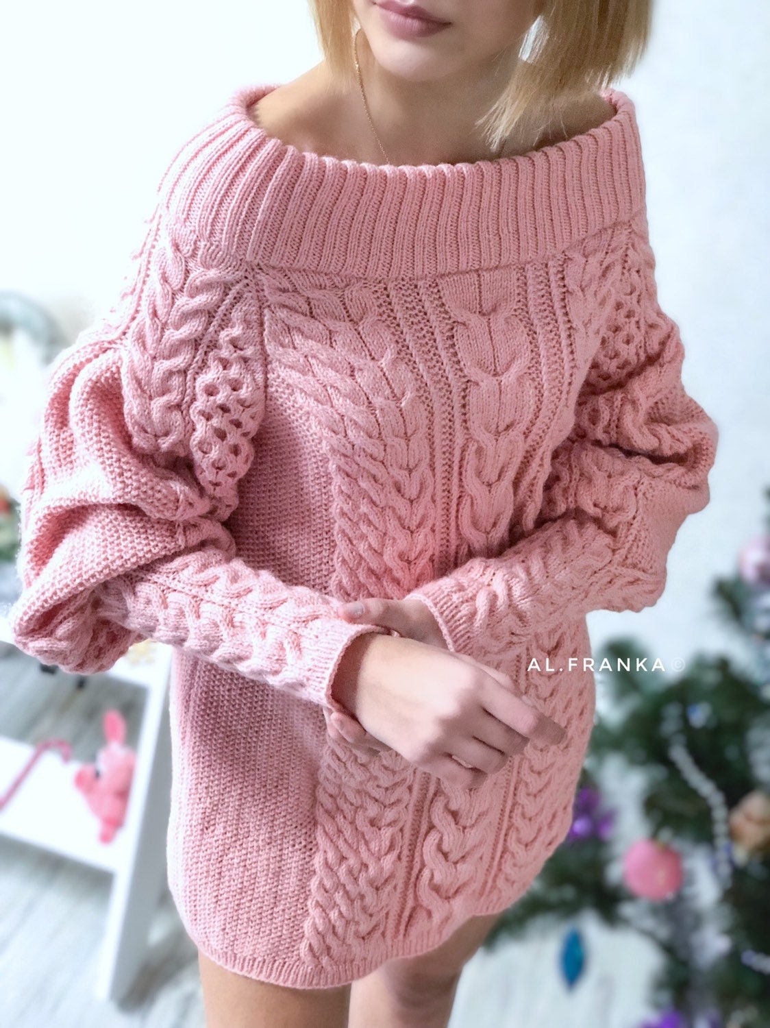 Aran long sweater dress with open shoulders Pink knitted one shoulder dress Cable knit sweater/wide sleeves/off shoulder sweater for women