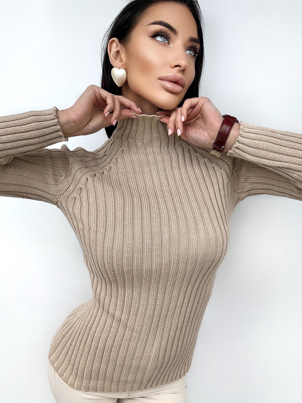 Merino wool Knitted Turtleneck for women Ribbed Knitted Sweater Long Sleeve Sweater Comfortable body-friendly Turtle neck wool
