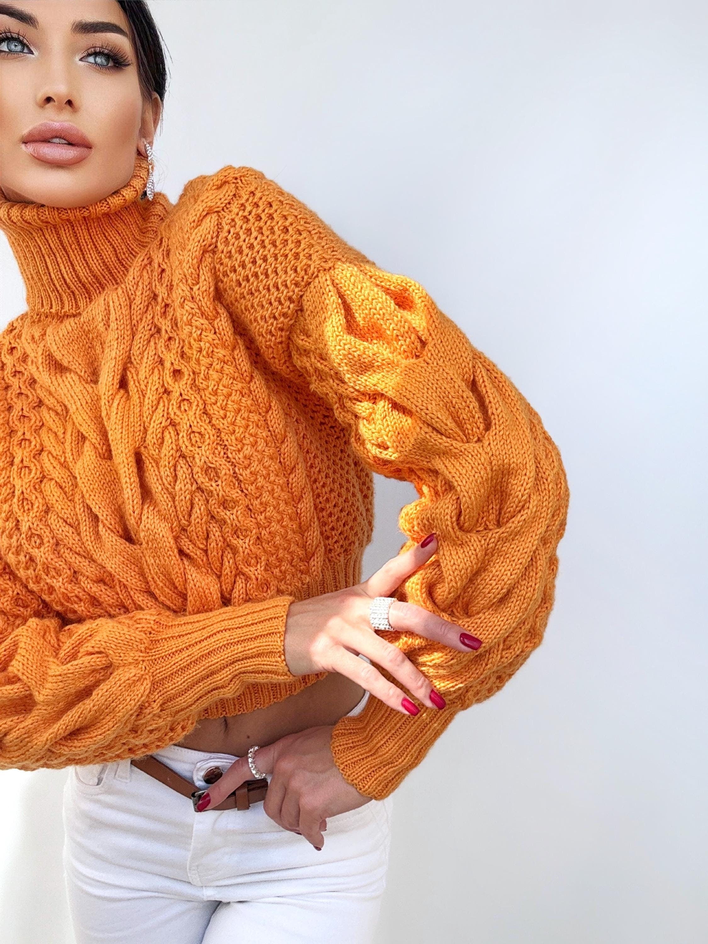 Crop hand knit orange sweater Chunky Turtleneck Oversized Pullover Women's Cable knit Jumper merino wool sweater Halloween Pumpkin Sweater