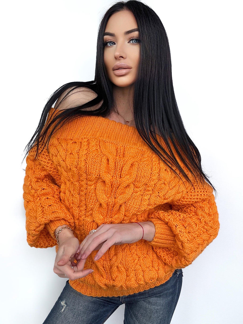 Cable knit sweater off the shoulder Orange Grapefruit coral chunky one shoulder wool cotton sweater Women’s Fall winter merino wool pullover