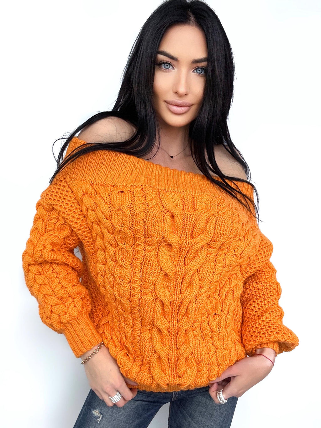 Cable knit sweater off the shoulder Orange Grapefruit coral chunky one shoulder wool cotton sweater Women’s Fall winter merino wool pullover