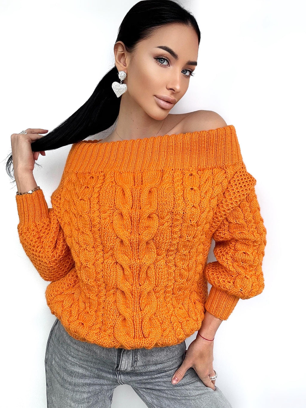 Cable knit sweater off the shoulder Orange Grapefruit coral chunky one shoulder wool cotton sweater Women’s Fall winter merino wool pullover