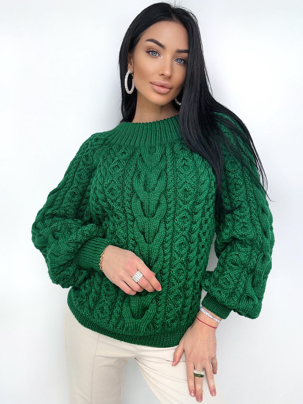 Hand knit dark green merino wool sweater Loose Oversize Knitted Sweater Emerald one shoulder cable knit blouse Chunky knit pullover