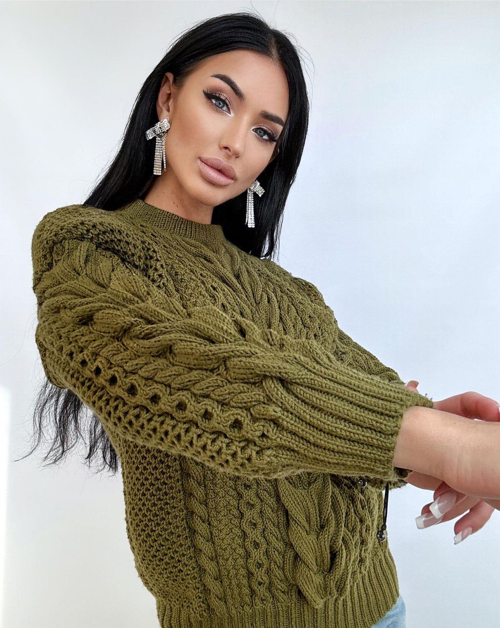 Khaki Green merino wool chunky knit sweater women Knitted jumper 7/8 sleeve Cable loose Oversized sweater womens Fall Christmas sweater