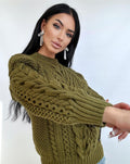 Khaki Green merino wool chunky knit sweater women Knitted jumper 7/8 sleeve Cable loose Oversized sweater womens Fall Christmas sweater