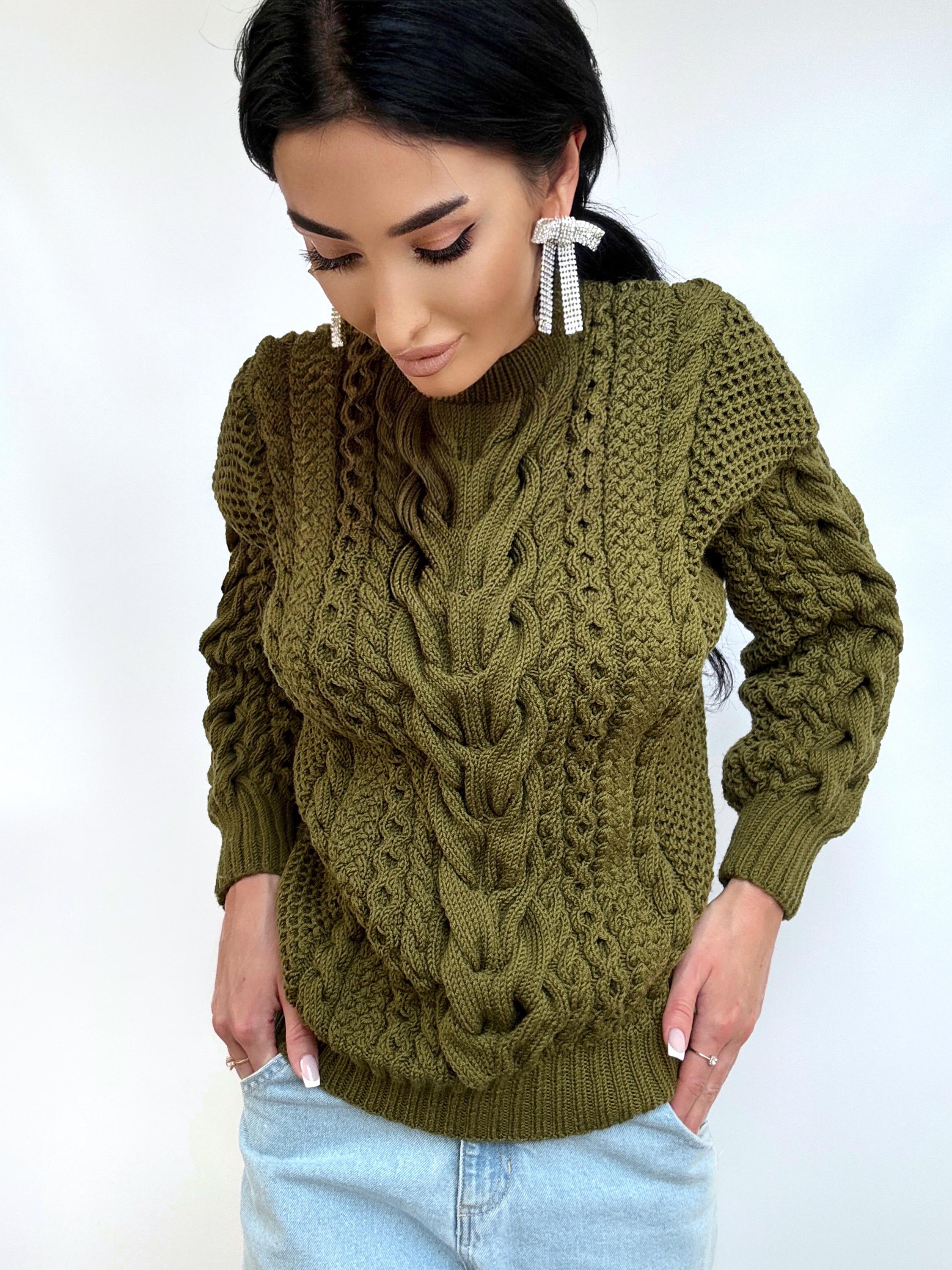 Khaki Green merino wool chunky knit sweater women Knitted jumper 7/8 sleeve Cable loose Oversized sweater womens Fall Christmas sweater