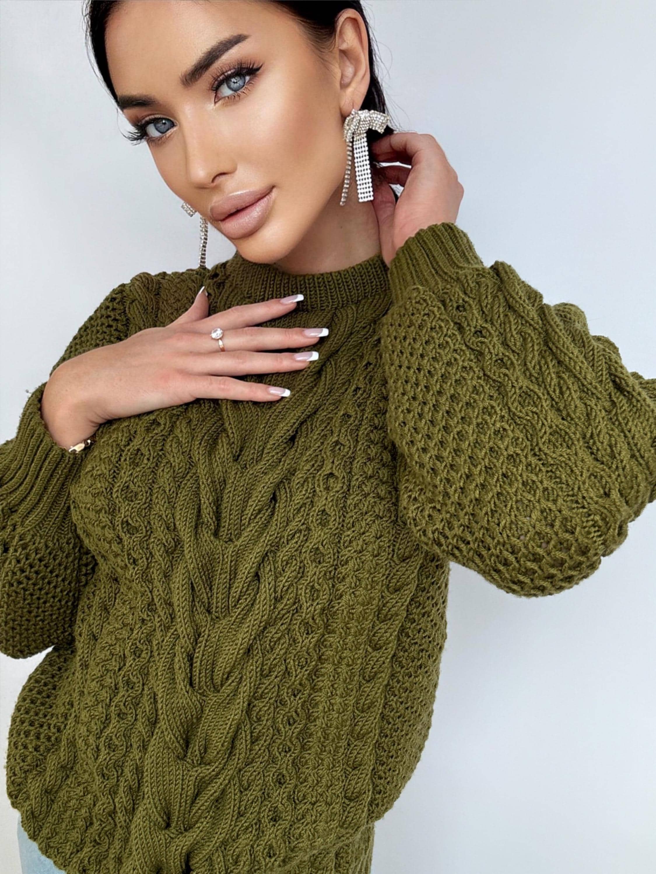 Khaki Green merino wool chunky knit sweater women Knitted jumper Cable loose Oversized sweater womens Fall Christmas sweater