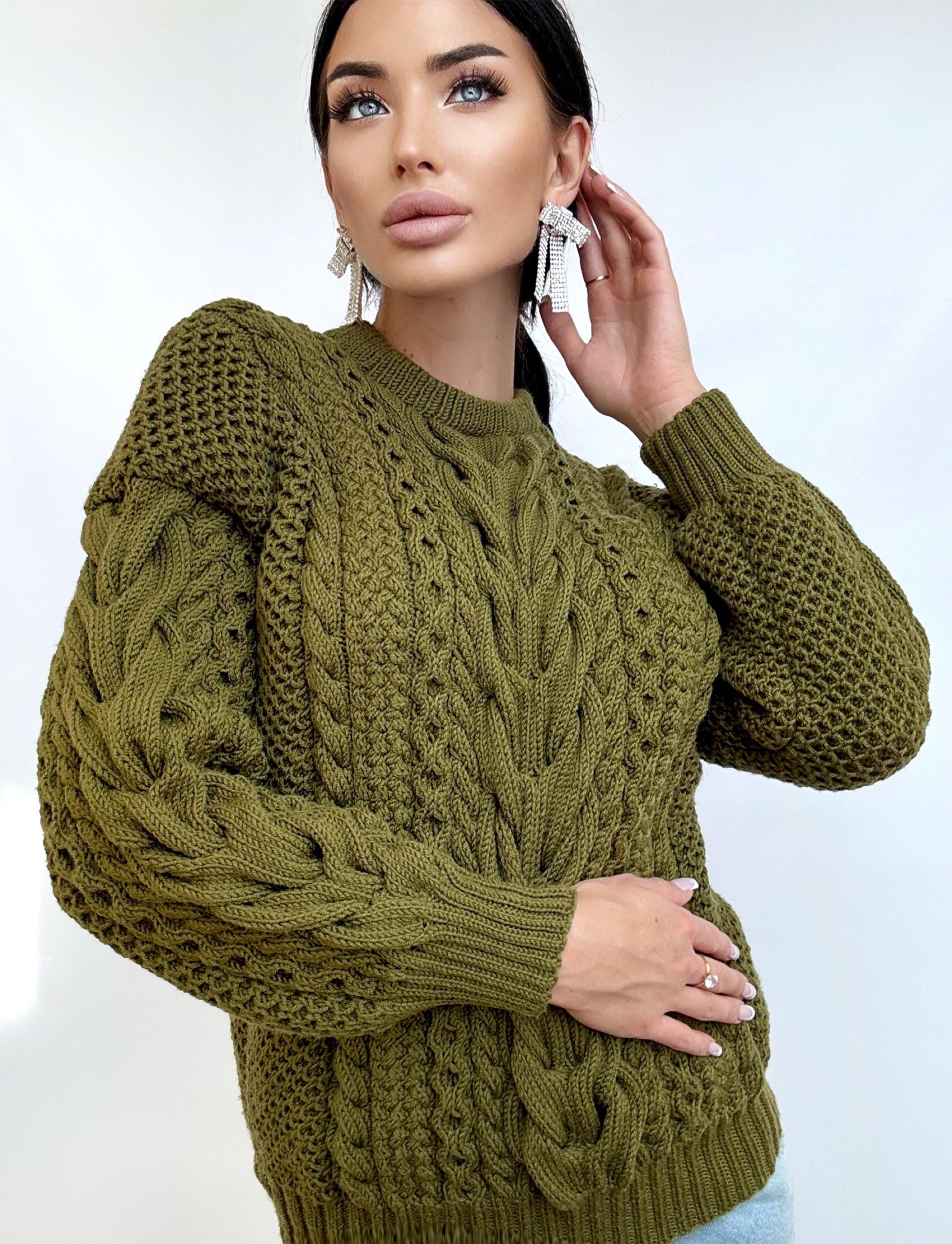 Khaki Green merino wool chunky knit sweater women Knitted jumper Cable loose Oversized sweater womens Fall Christmas sweater