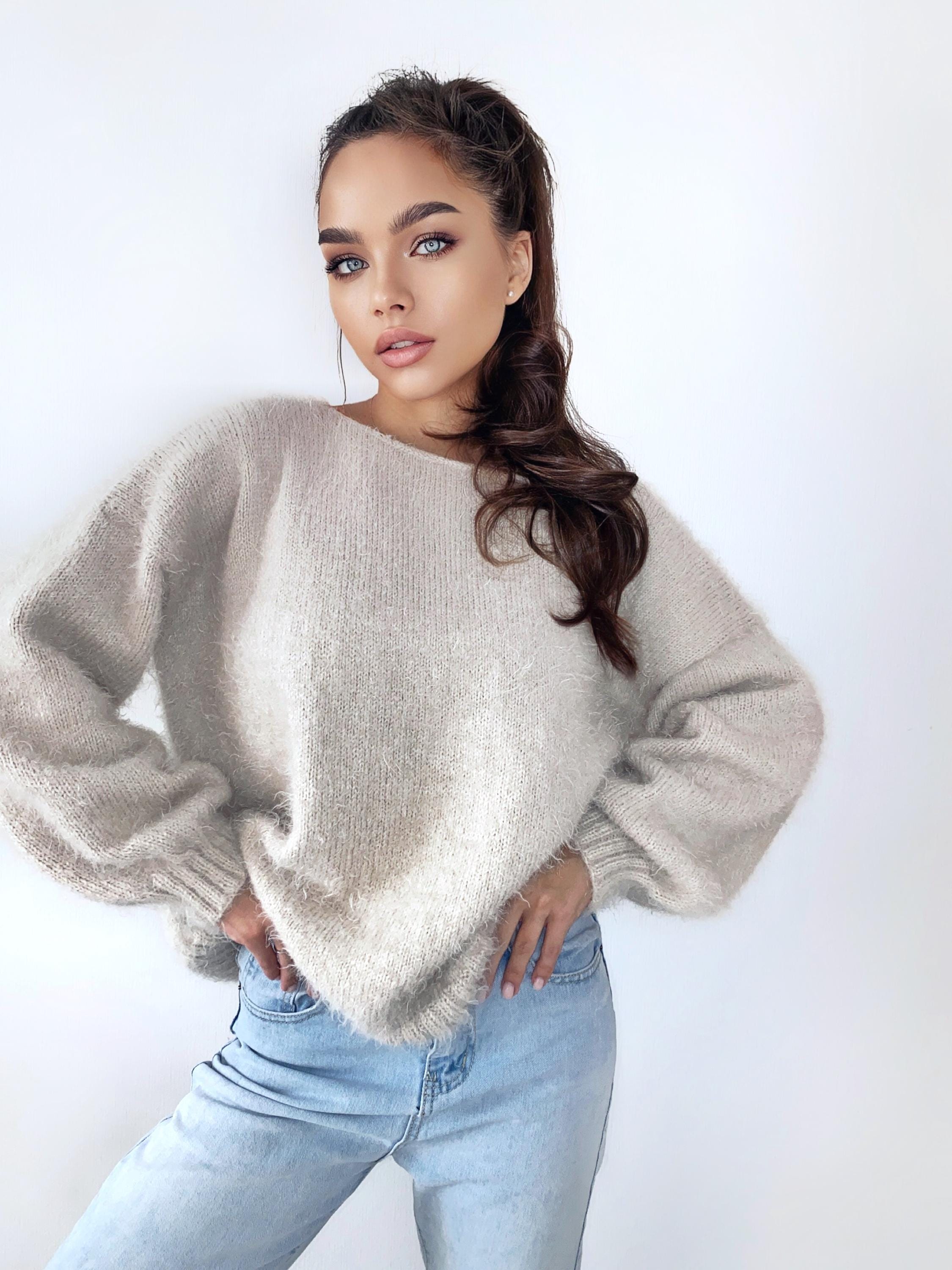 Beige Gray Mushroom very soft fluffy wool-free Hand knit body friendly sweater Open back Deep neckline Fluffy pullover Loose fit V-neck