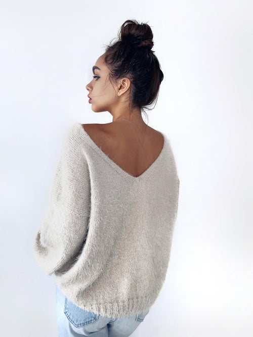 Beige soft fluffy wool-free sweater Hand knit body friendly sweater Open back Deep neckline Fluffy pullover Loose fit V-neck angora wool