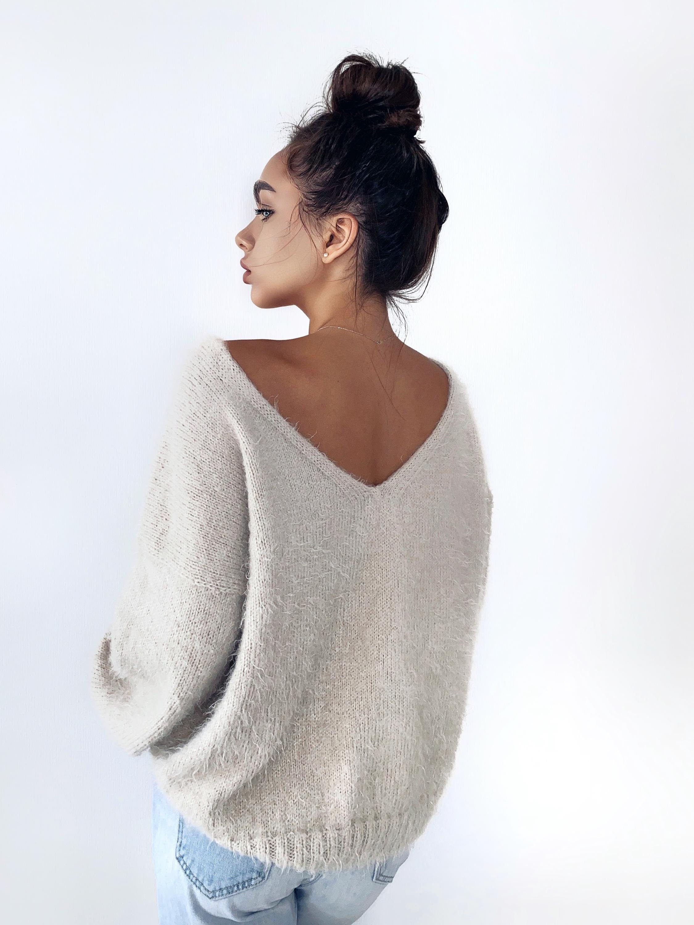 Beige Gray Mushroom very soft fluffy wool-free Hand knit body friendly sweater Open back Deep neckline Fluffy pullover Loose fit V-neck