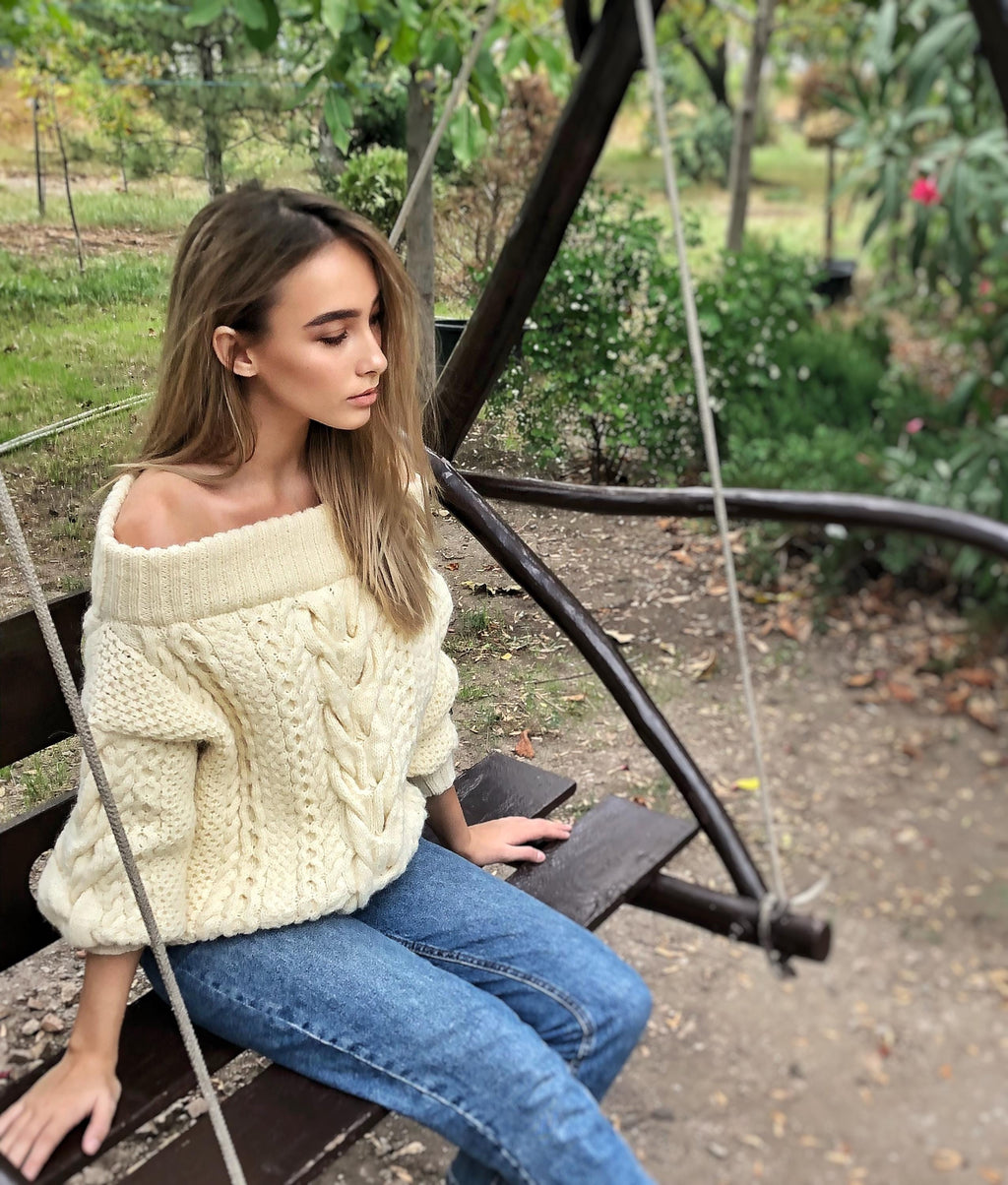 Milk white Cream pastel hand knit wool sweater woman Cable knitted sweater Loose pullover Oversized chunky knit merino wool off shoulder