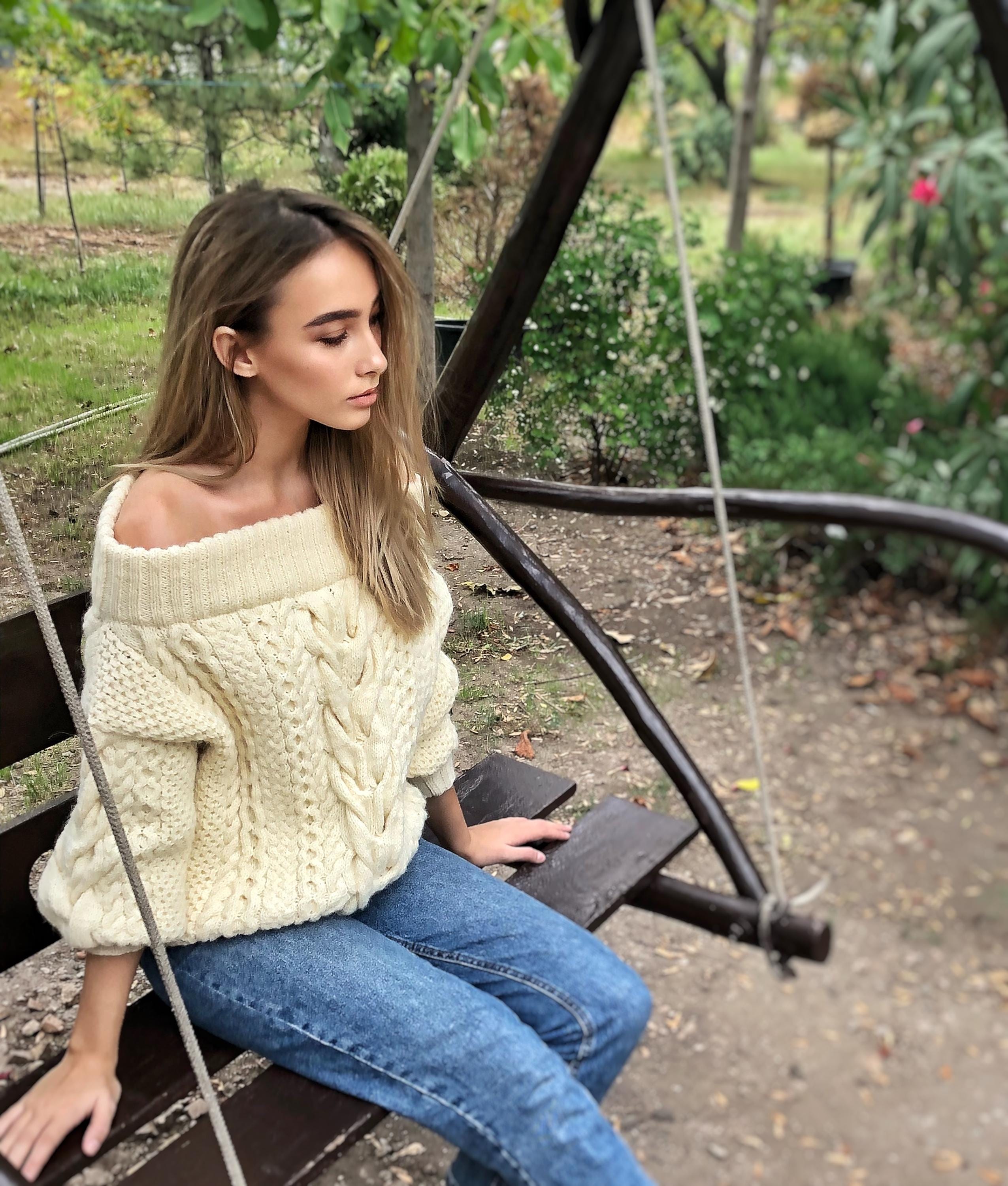 Milk white Cream pastel hand knit wool sweater woman Cable knitted sweater Loose pullover Oversized chunky knit merino wool off shoulder