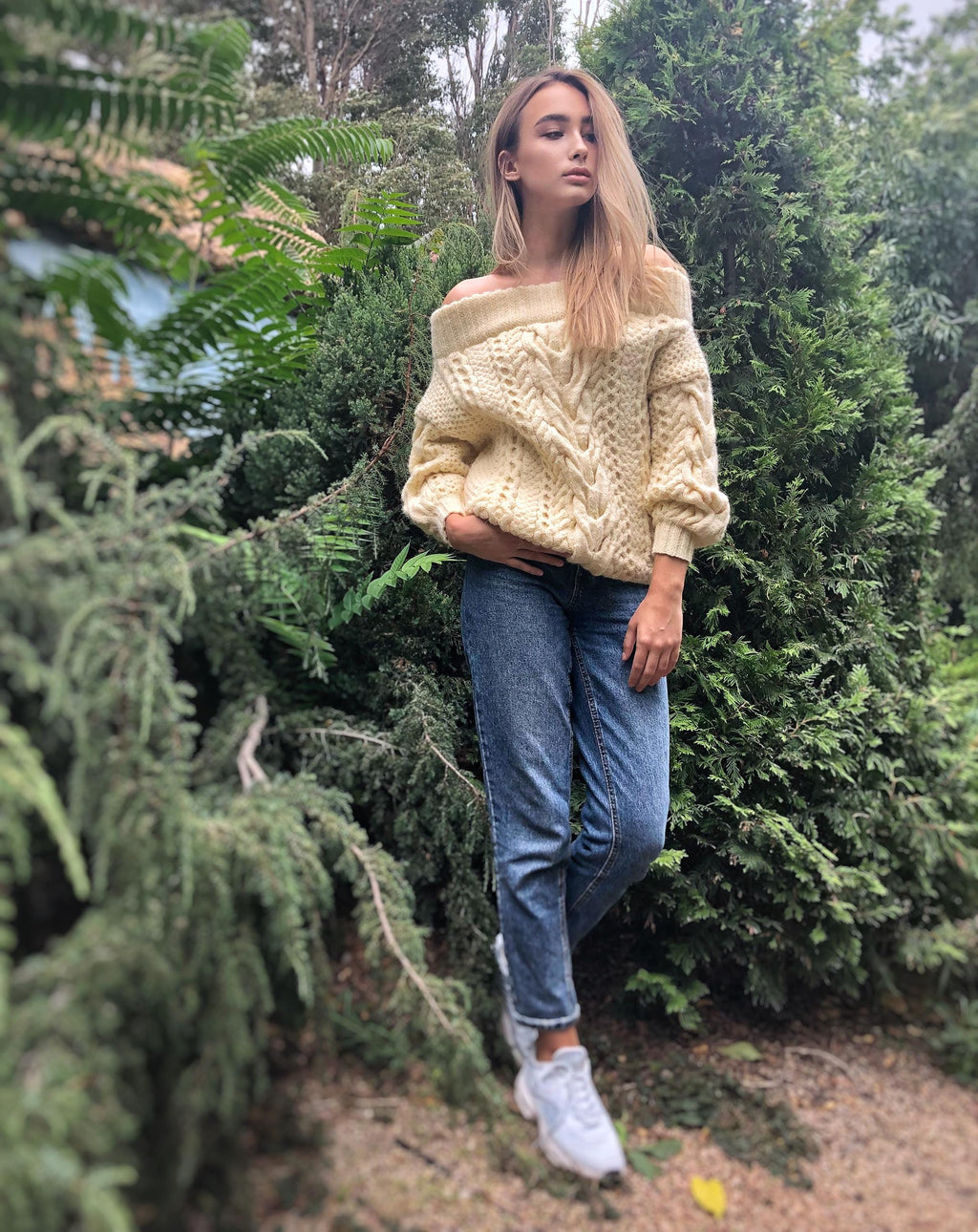 Milk white Cream pastel hand knit wool sweater woman Cable knitted sweater Loose pullover Oversized chunky knit merino wool off shoulder