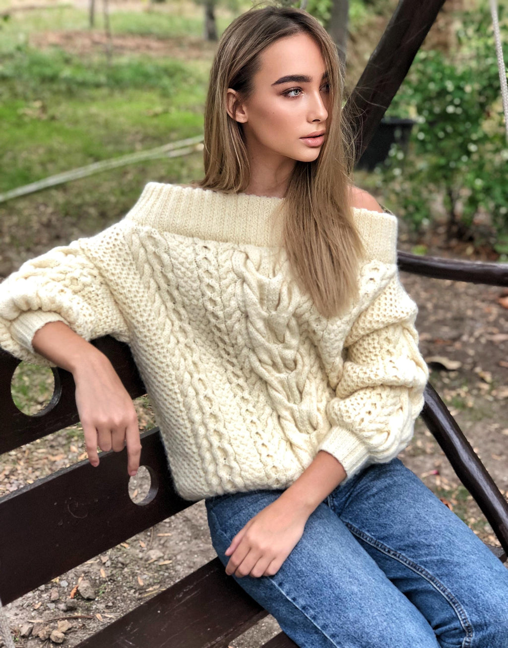 Milk white Cream pastel hand knit wool sweater woman Cable knitted sweater Loose pullover Oversized chunky knit merino wool off shoulder