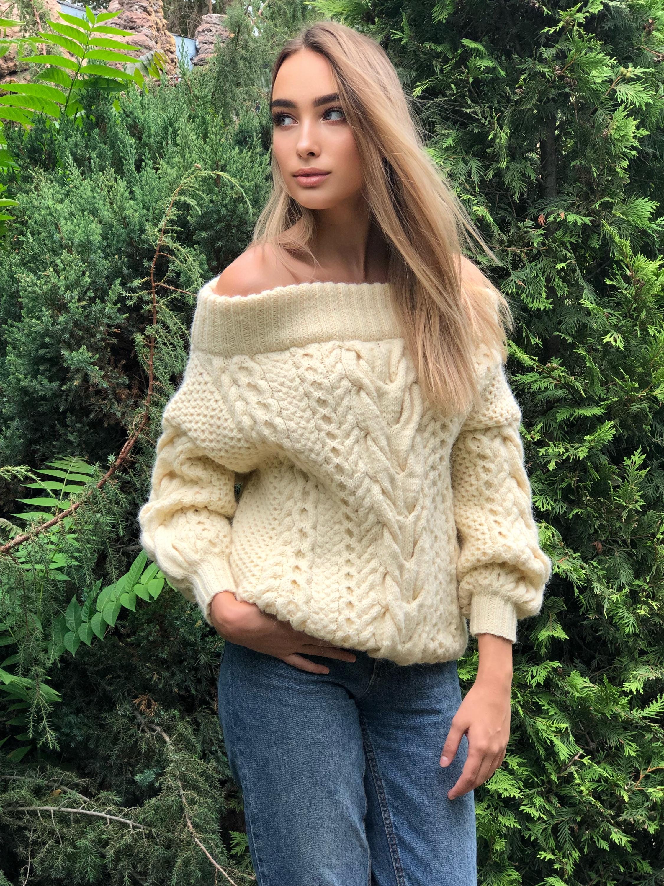 Milk white Cream pastel hand knit wool sweater woman Cable knitted sweater Loose pullover Oversized chunky knit merino wool off shoulder